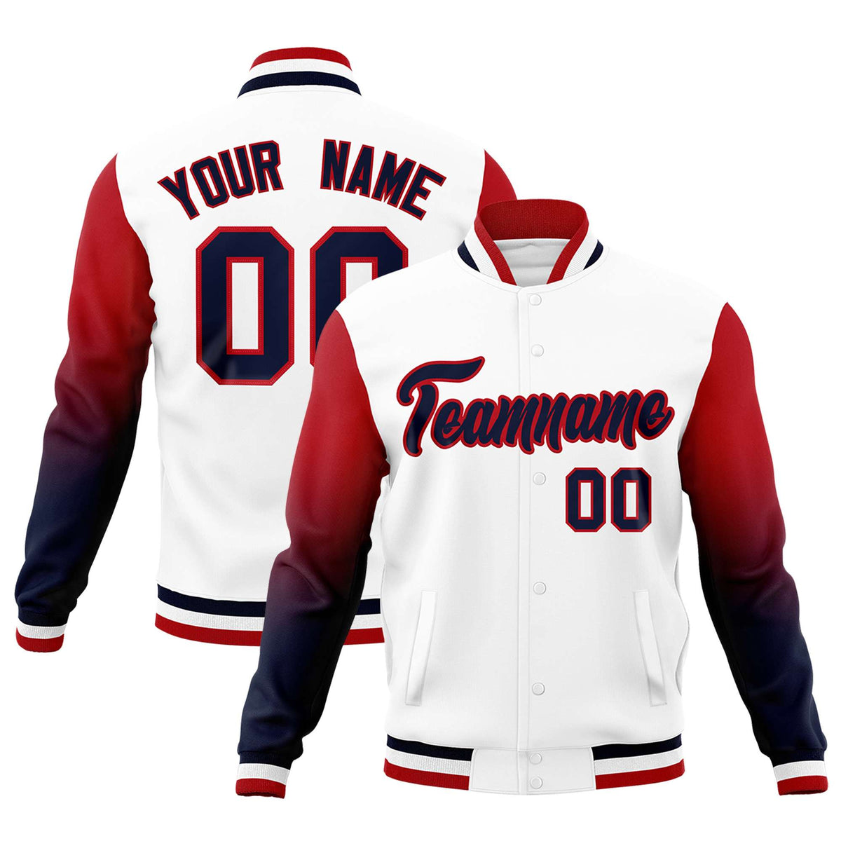 Custom White Navy Red Full-Snap Varsity Raglan Sleeves Gradient Letterman Jacket