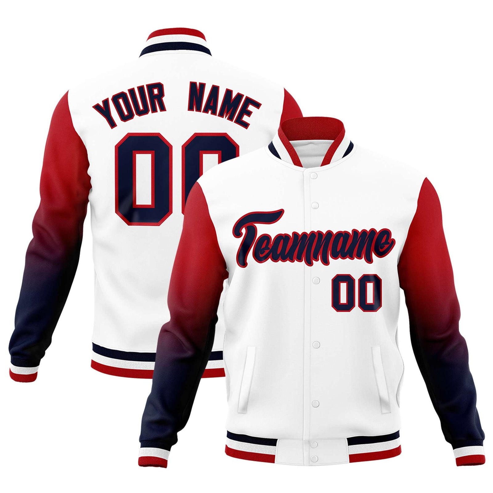 Custom White Navy Red Full-Snap Varsity Raglan Sleeves Gradient Letterman Jacket