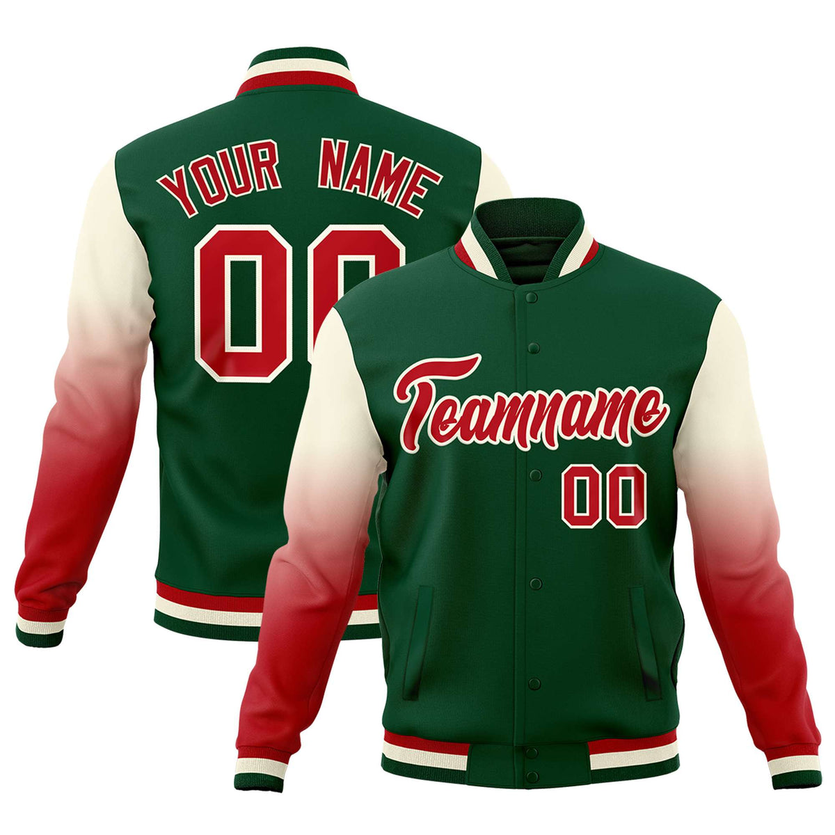 Custom Green Red Cream Full-Snap Varsity Raglan Sleeves Gradient Letterman Jacket