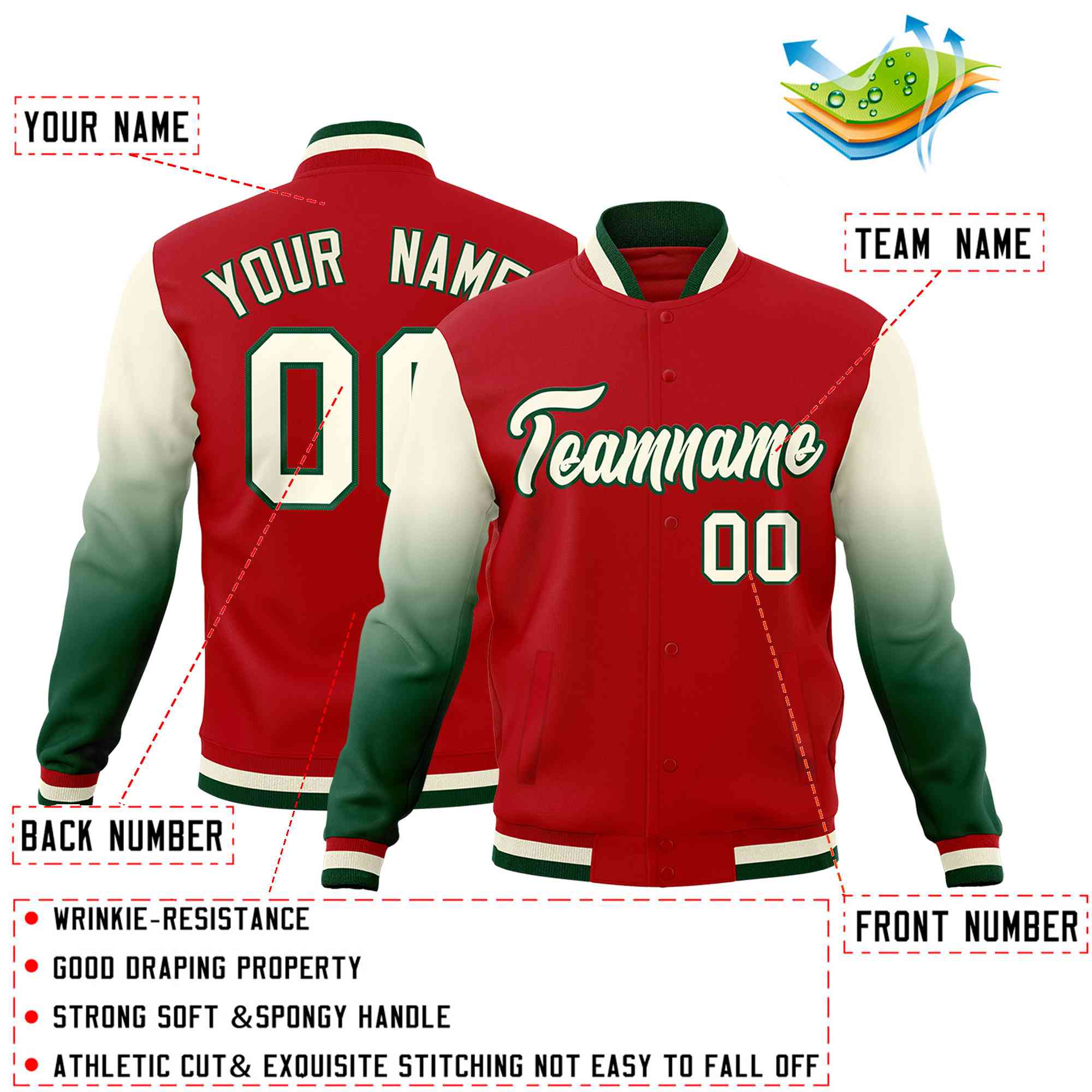 Custom Red Cream Green Full-Snap Varsity Raglan Sleeves Gradient Letterman Jacket