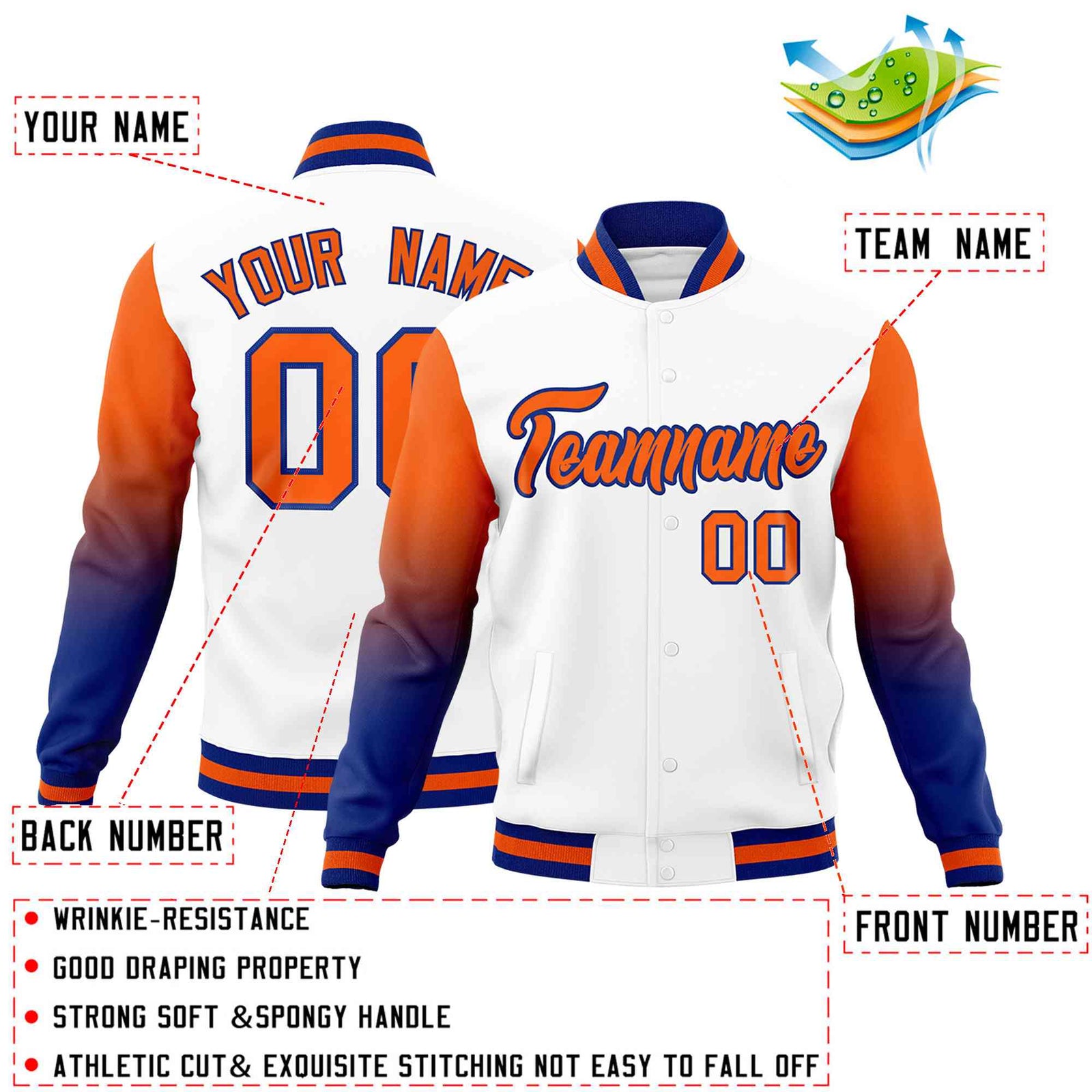 Custom White Orange Royal Blue Full-Snap Varsity Raglan Sleeves Gradient Letterman Jacket