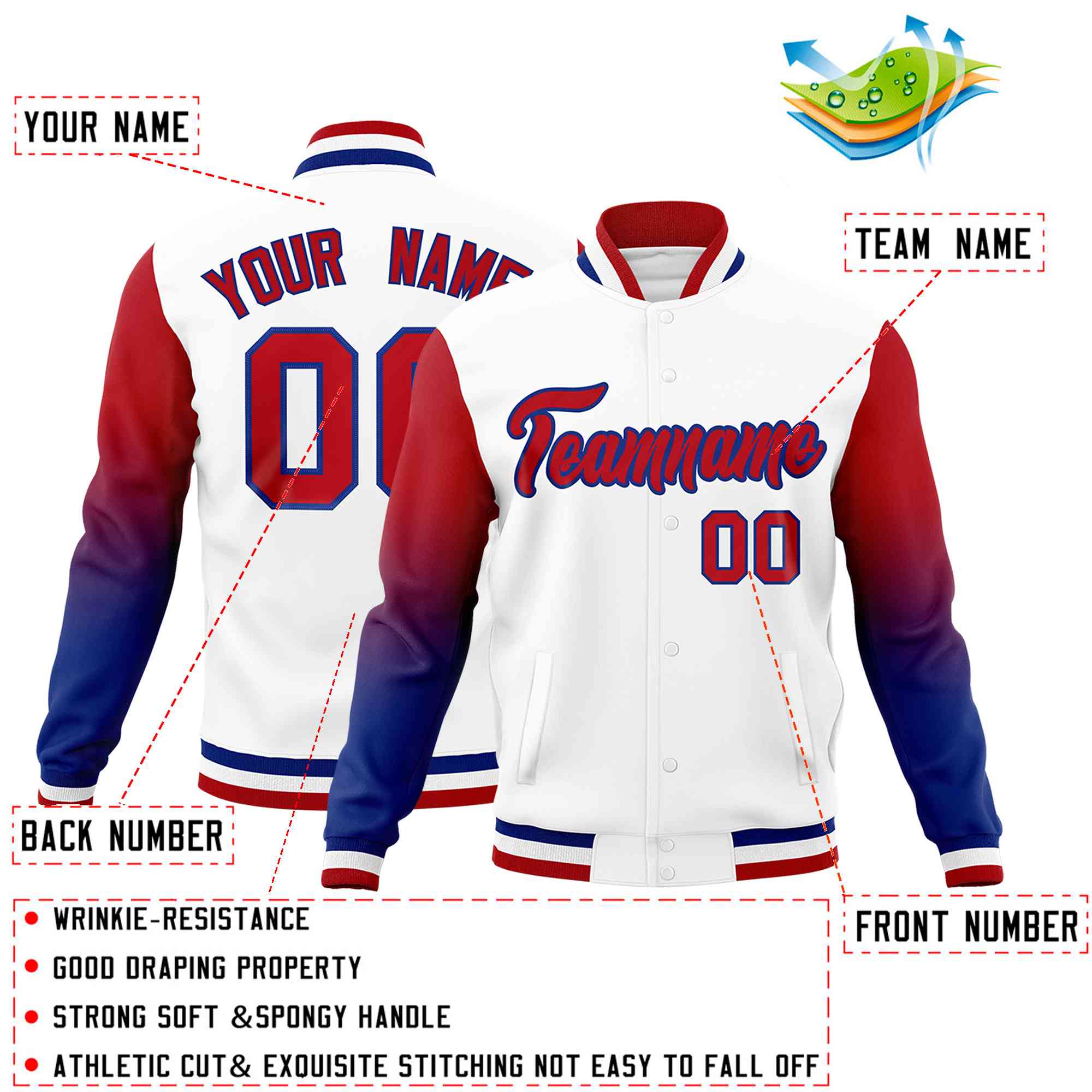 Custom White Red Royal Full-Snap Varsity Raglan Sleeves Gradient Letterman Jacket