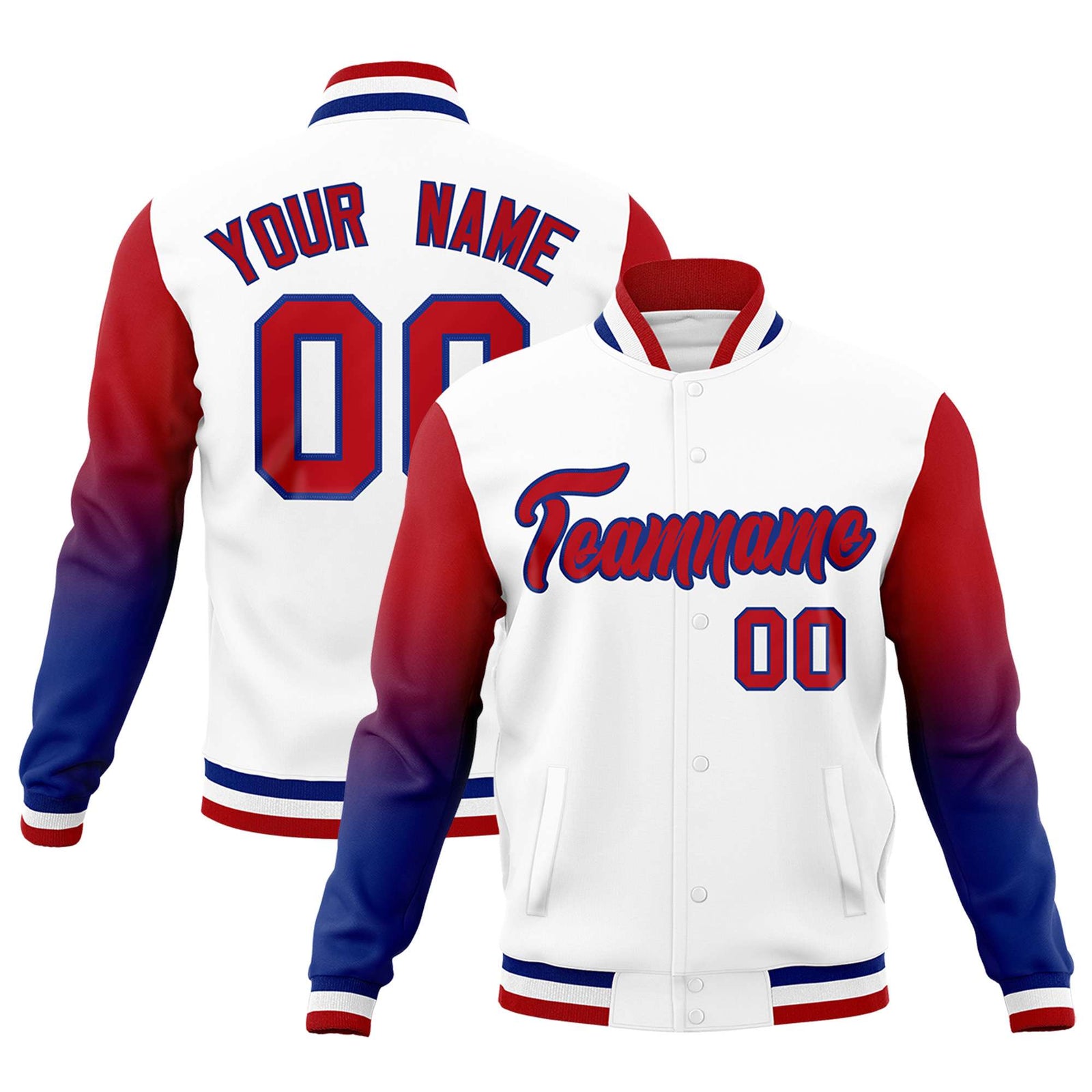 Custom White Red Royal Full-Snap Varsity Raglan Sleeves Gradient Letterman Jacket