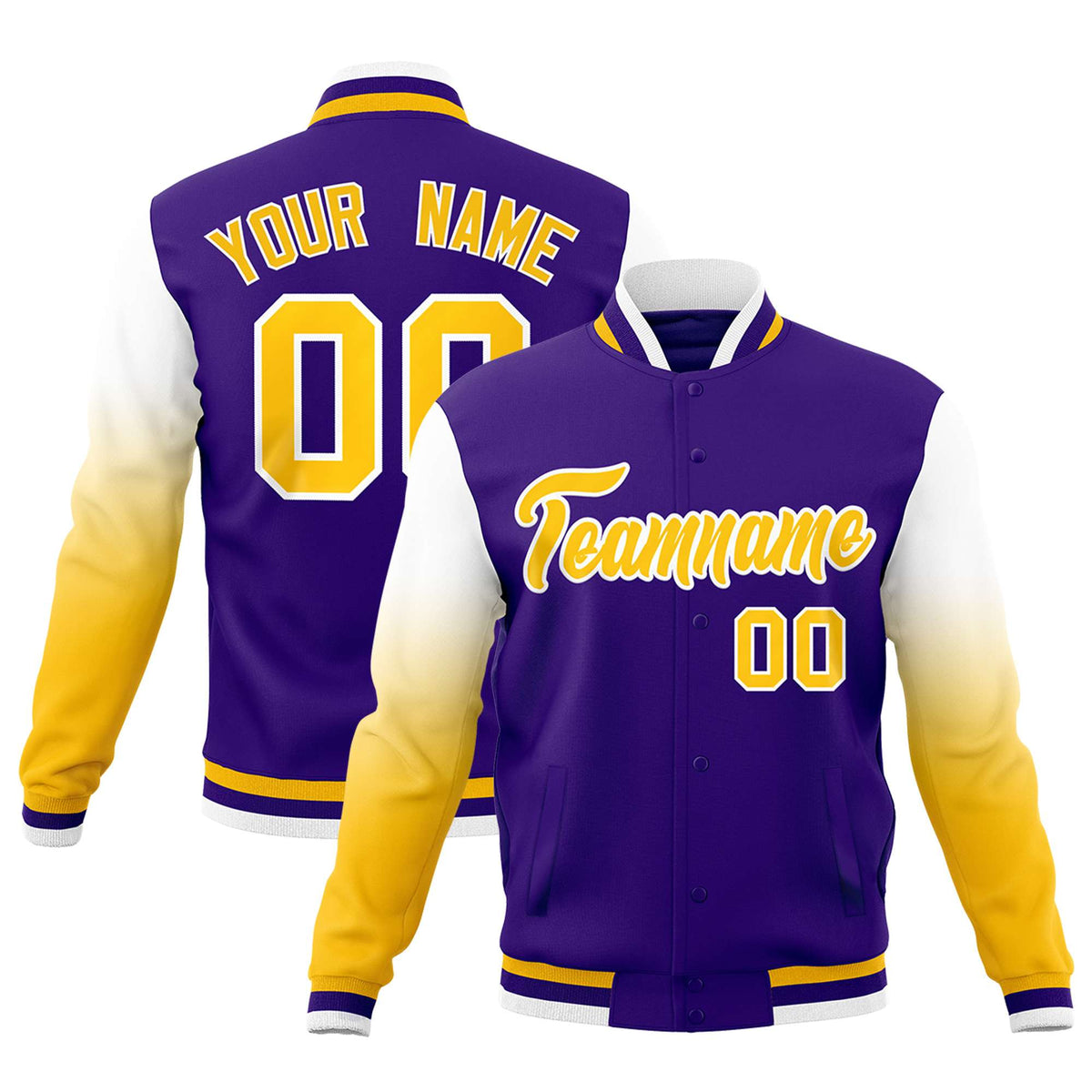 Custom Purple Gold White Full-Snap Varsity Raglan Sleeves Gradient Letterman Jacket