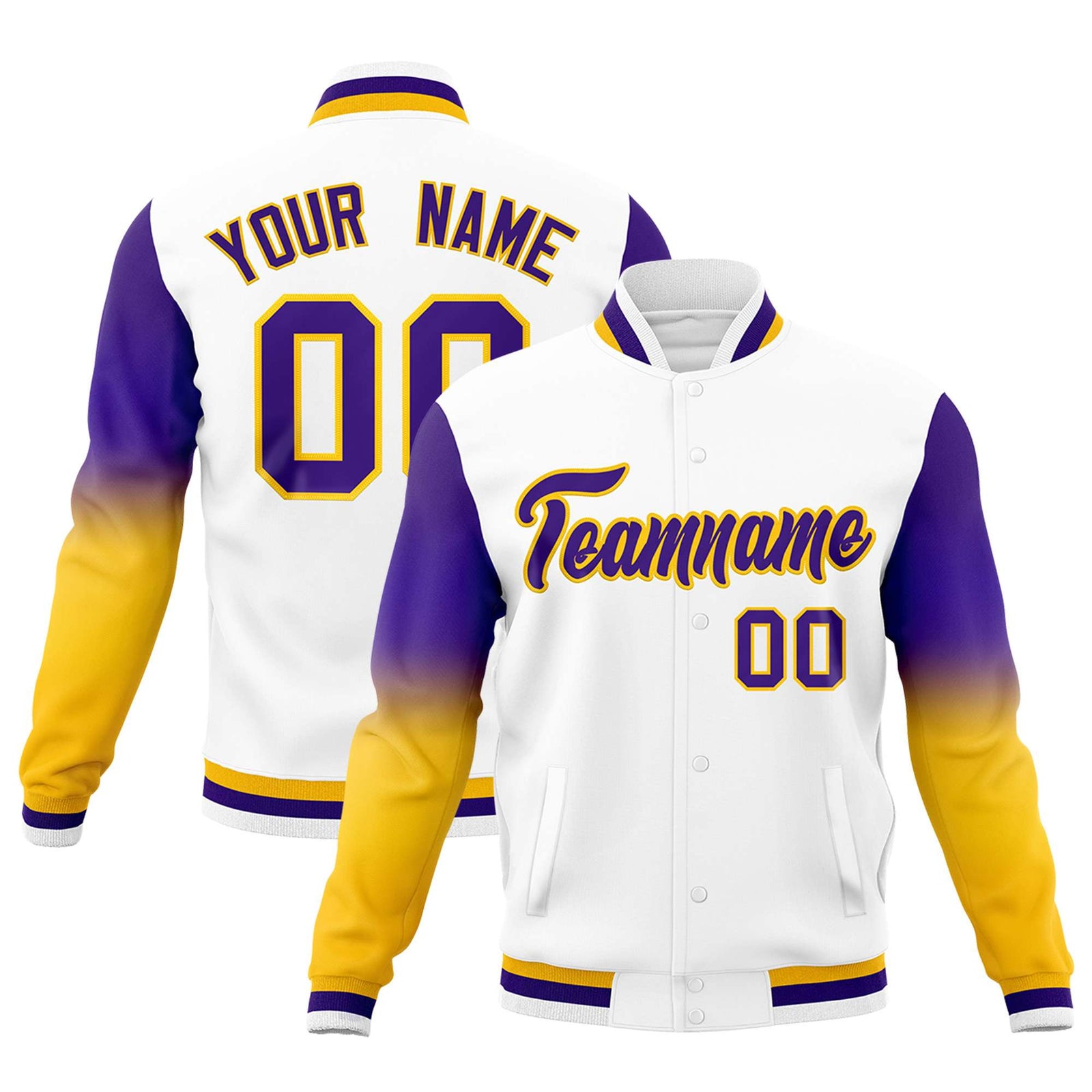 Custom White Purple Gold Full-Snap Varsity Raglan Sleeves Gradient Letterman Jacket