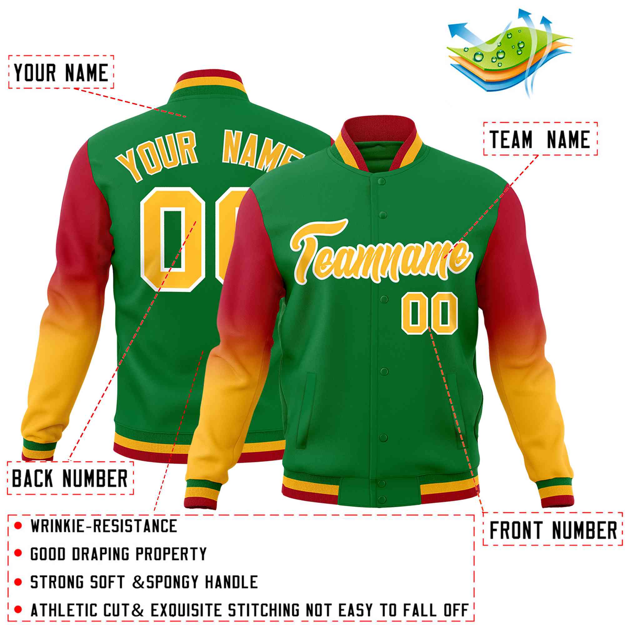 Custom Kelly Green Gold White Full-Snap Varsity Raglan Sleeves Gradient Letterman Jacket