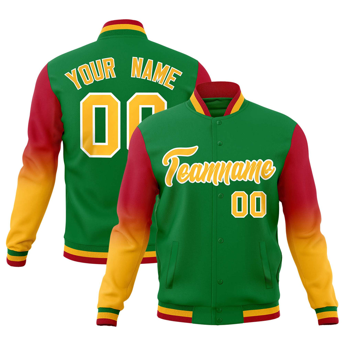Custom Kelly Green Gold White Full-Snap Varsity Raglan Sleeves Gradient Letterman Jacket