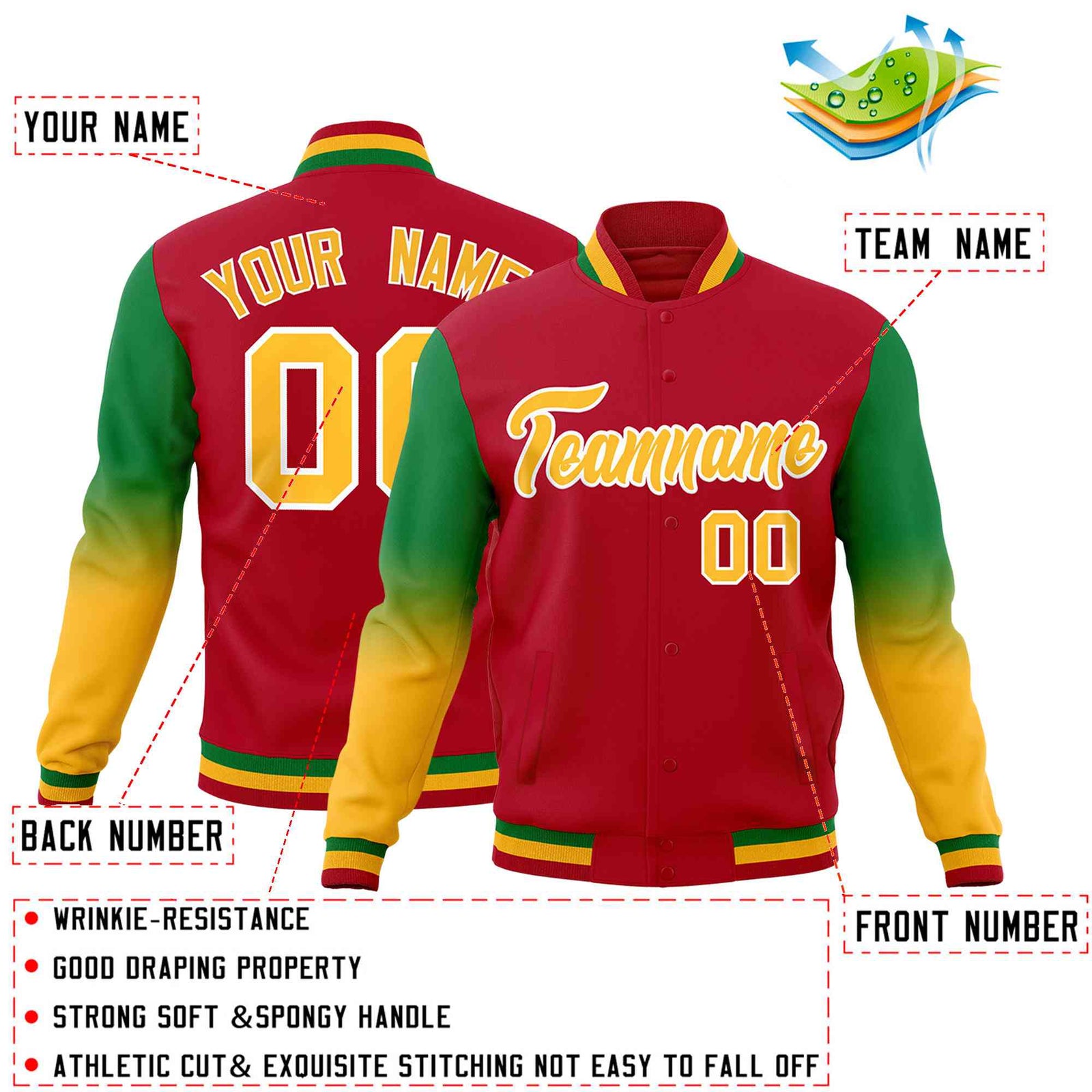 Custom Red Gold White Full-Snap Varsity Raglan Sleeves Gradient Letterman Jacket