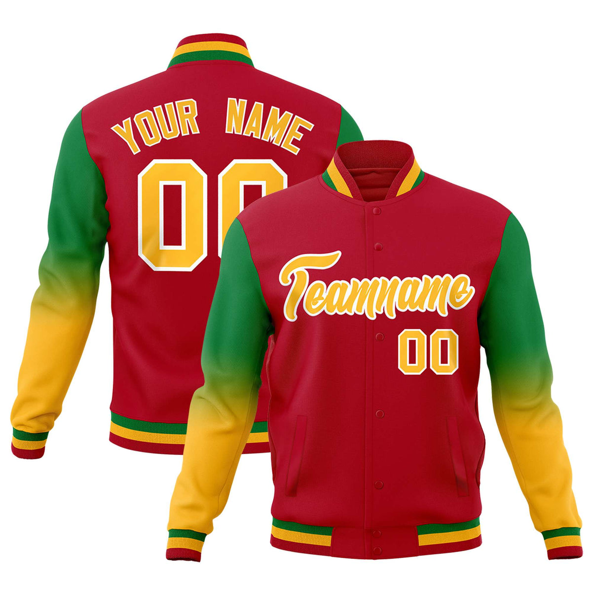 Custom Red Gold White Full-Snap Varsity Raglan Sleeves Gradient Letterman Jacket