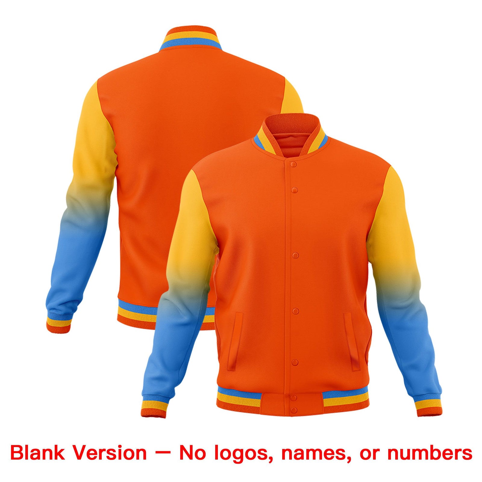 Custom Orange Powder Blue White Full-Snap Varsity Raglan Sleeves Gradient Letterman Jacket