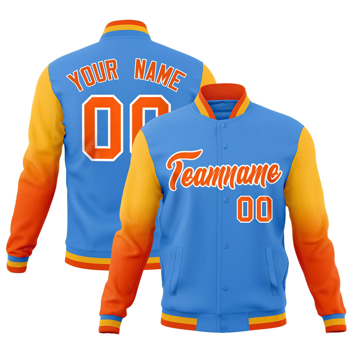 Custom Powder Blue Orange White Full-Snap Varsity Raglan Sleeves Gradient Letterman Jacket