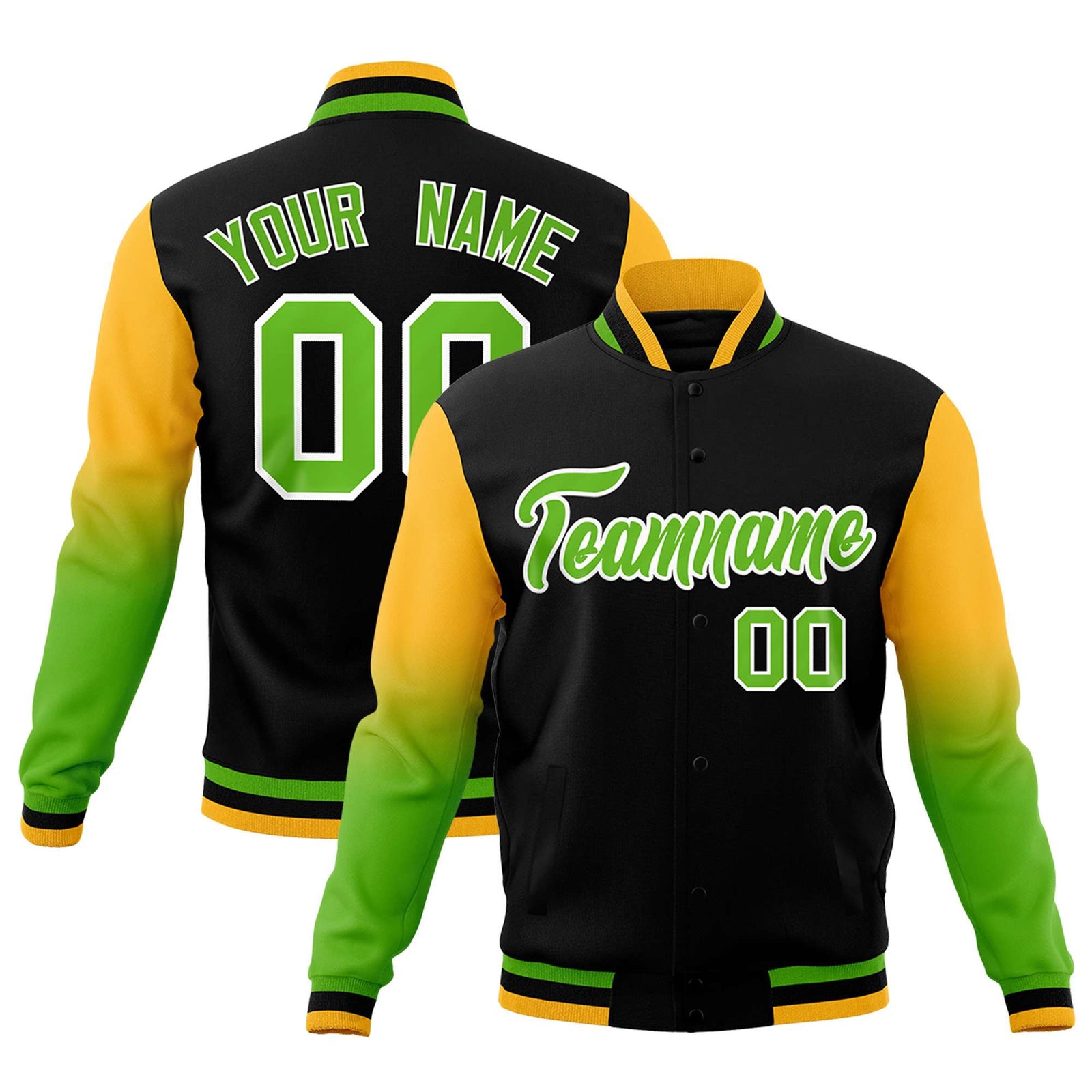 Custom Black Green White Full-Snap Varsity Raglan Sleeves Gradient Letterman Jacket