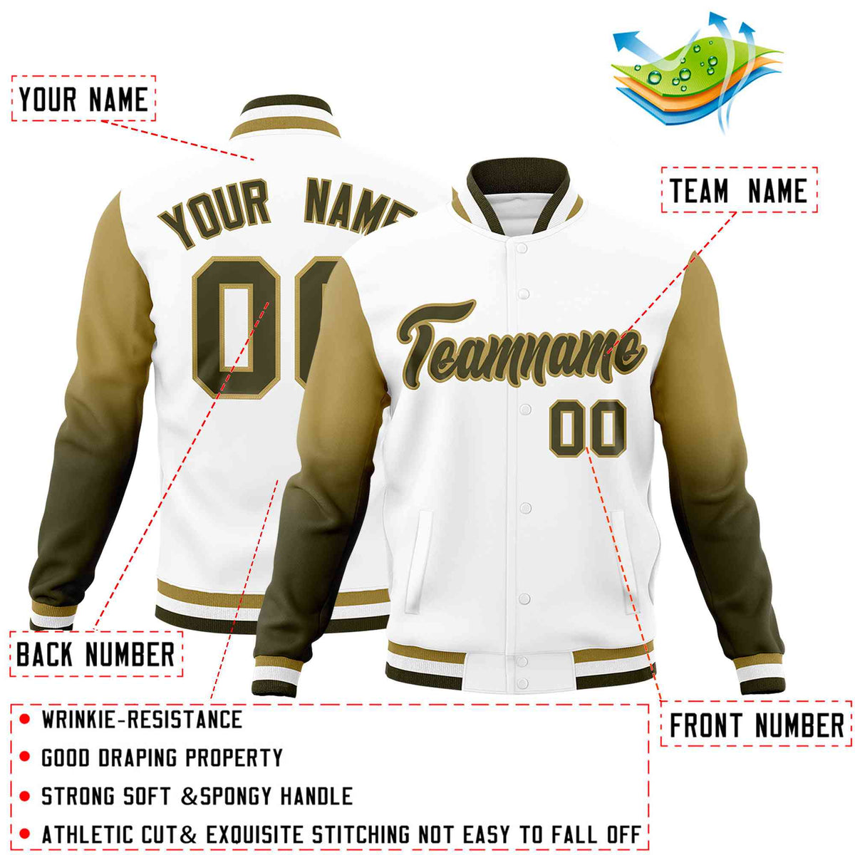 Custom White Olive Desert Yellow Full-Snap Varsity Raglan Sleeves Gradient Letterman Jacket