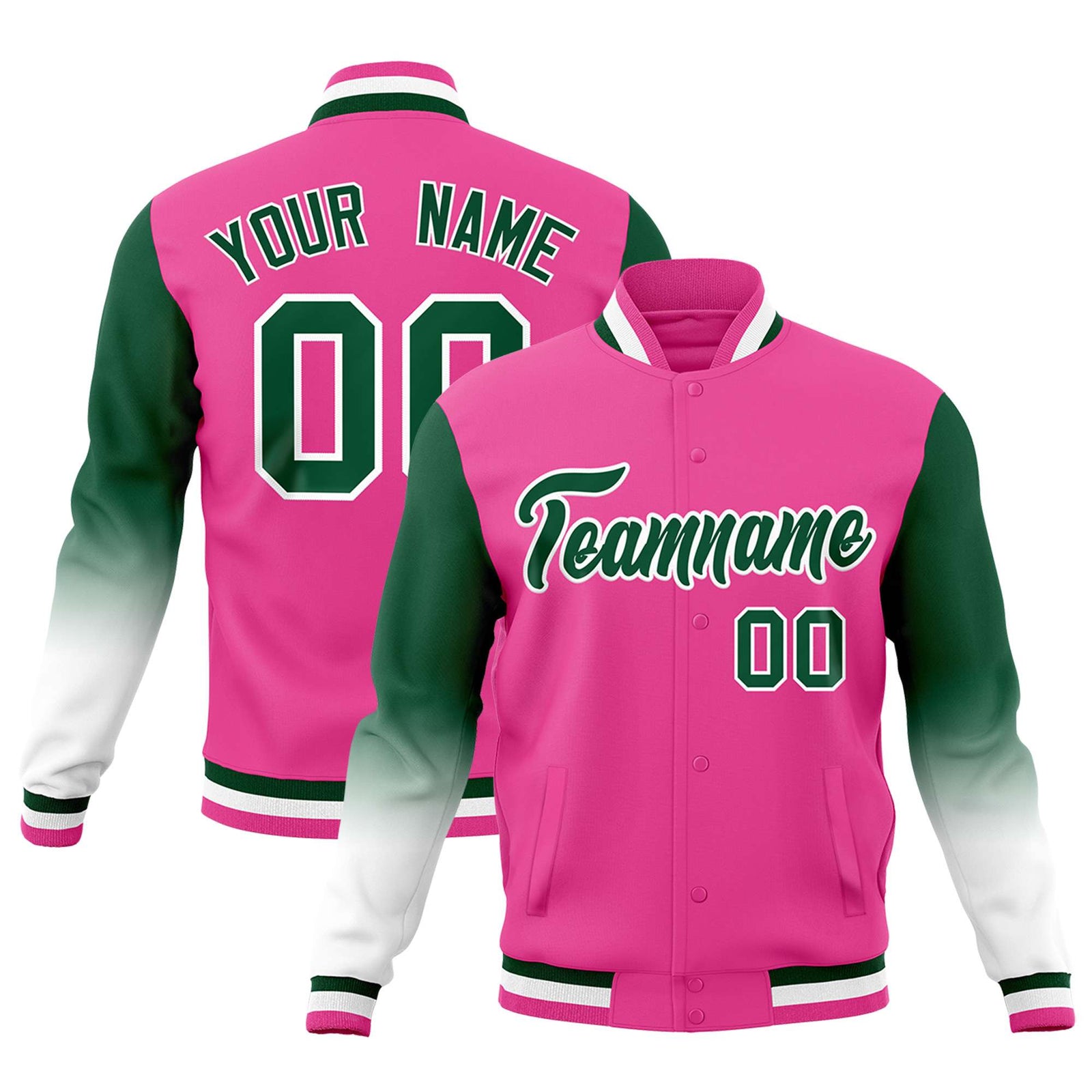 Custom Pink Green White Full-Snap Varsity Raglan Sleeves Gradient Letterman Jacket