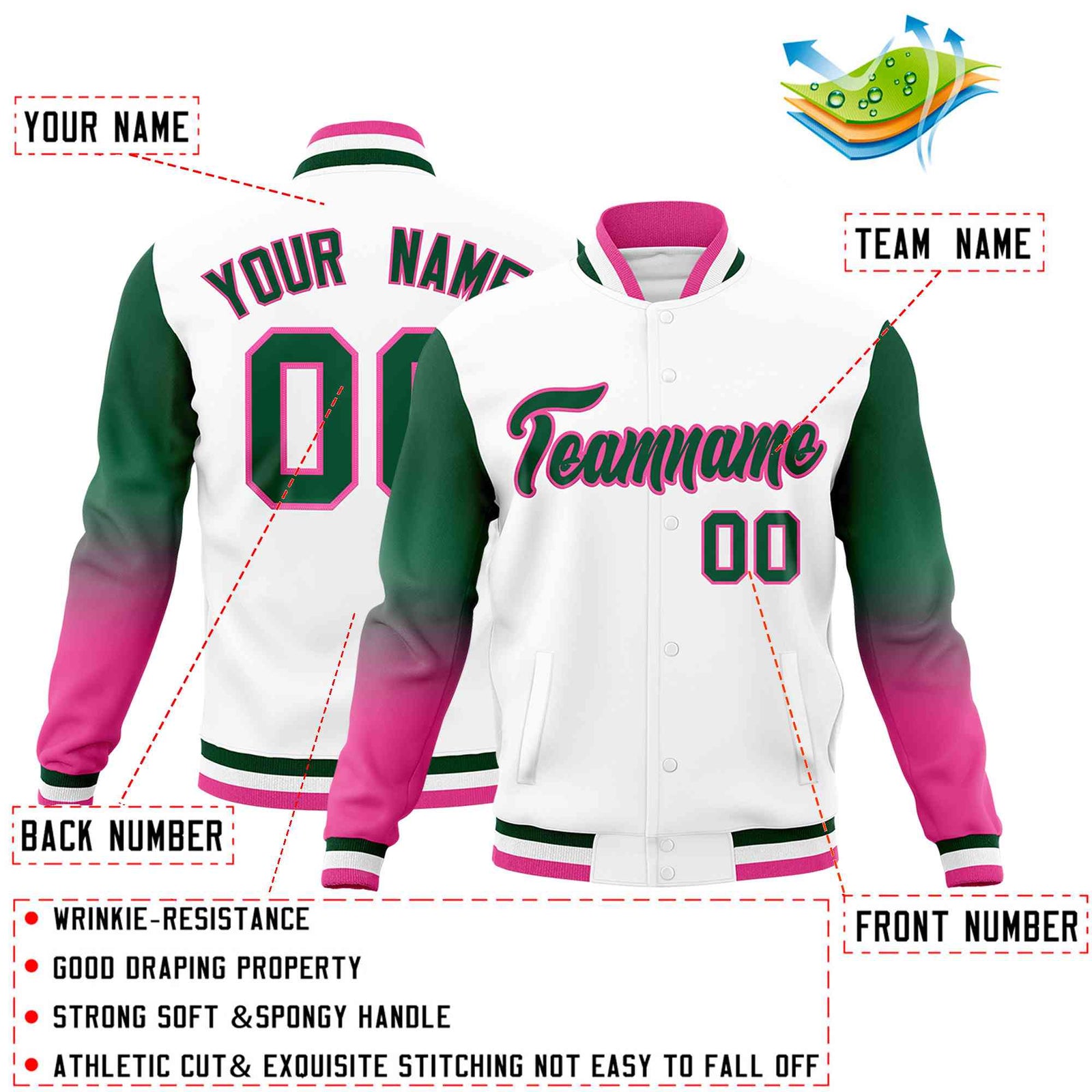 Custom White Green Pink Full-Snap Varsity Raglan Sleeves Gradient Letterman Jacket