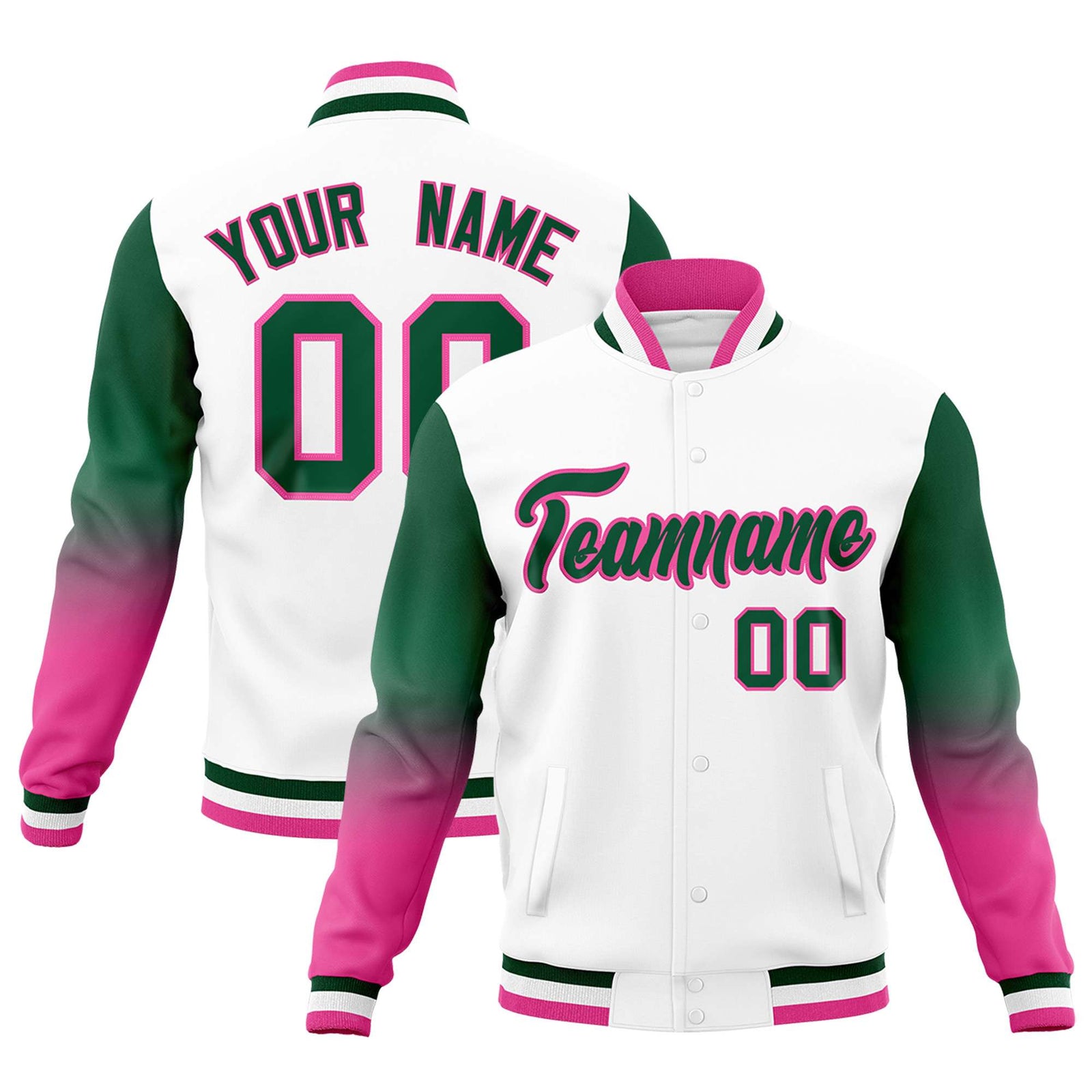 Custom White Green Pink Full-Snap Varsity Raglan Sleeves Gradient Letterman Jacket