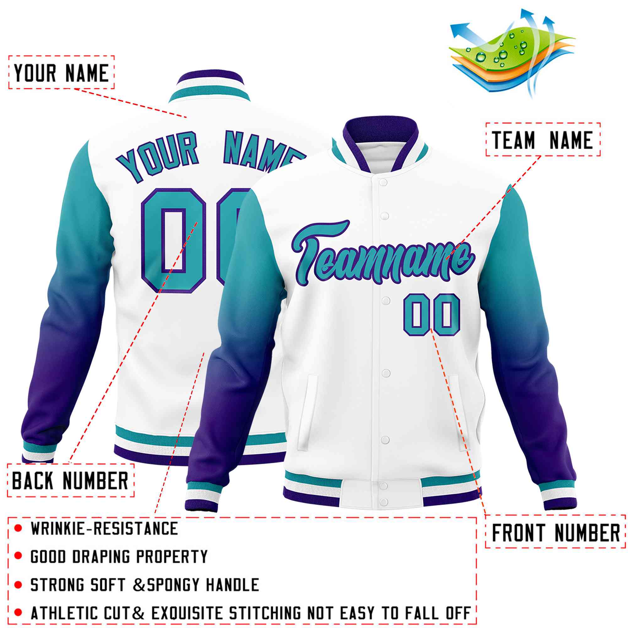 Custom White Aqua Purple Full-Snap Varsity Raglan Sleeves Gradient Letterman Jacket