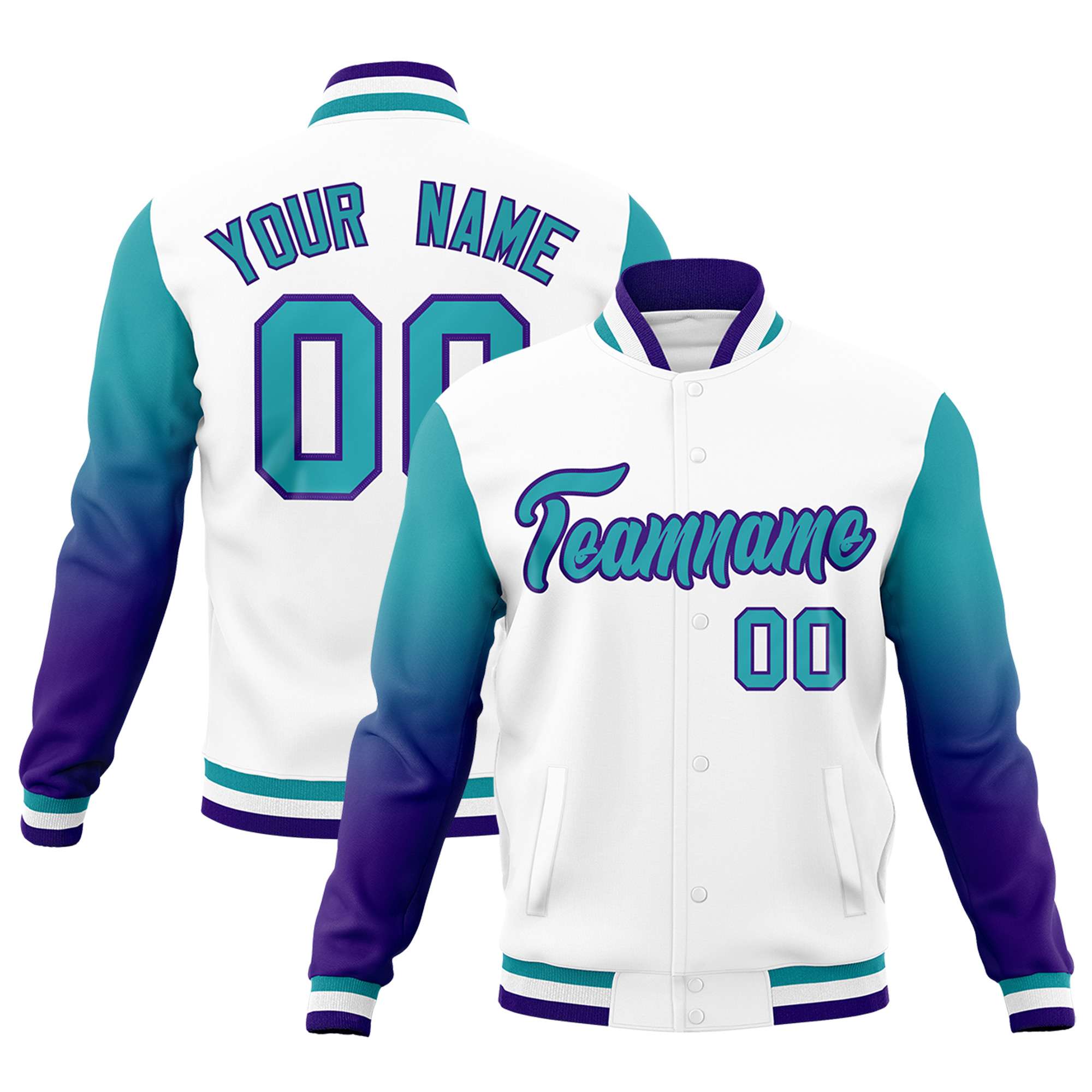 Custom White Aqua Purple Full-Snap Varsity Raglan Sleeves Gradient Letterman Jacket