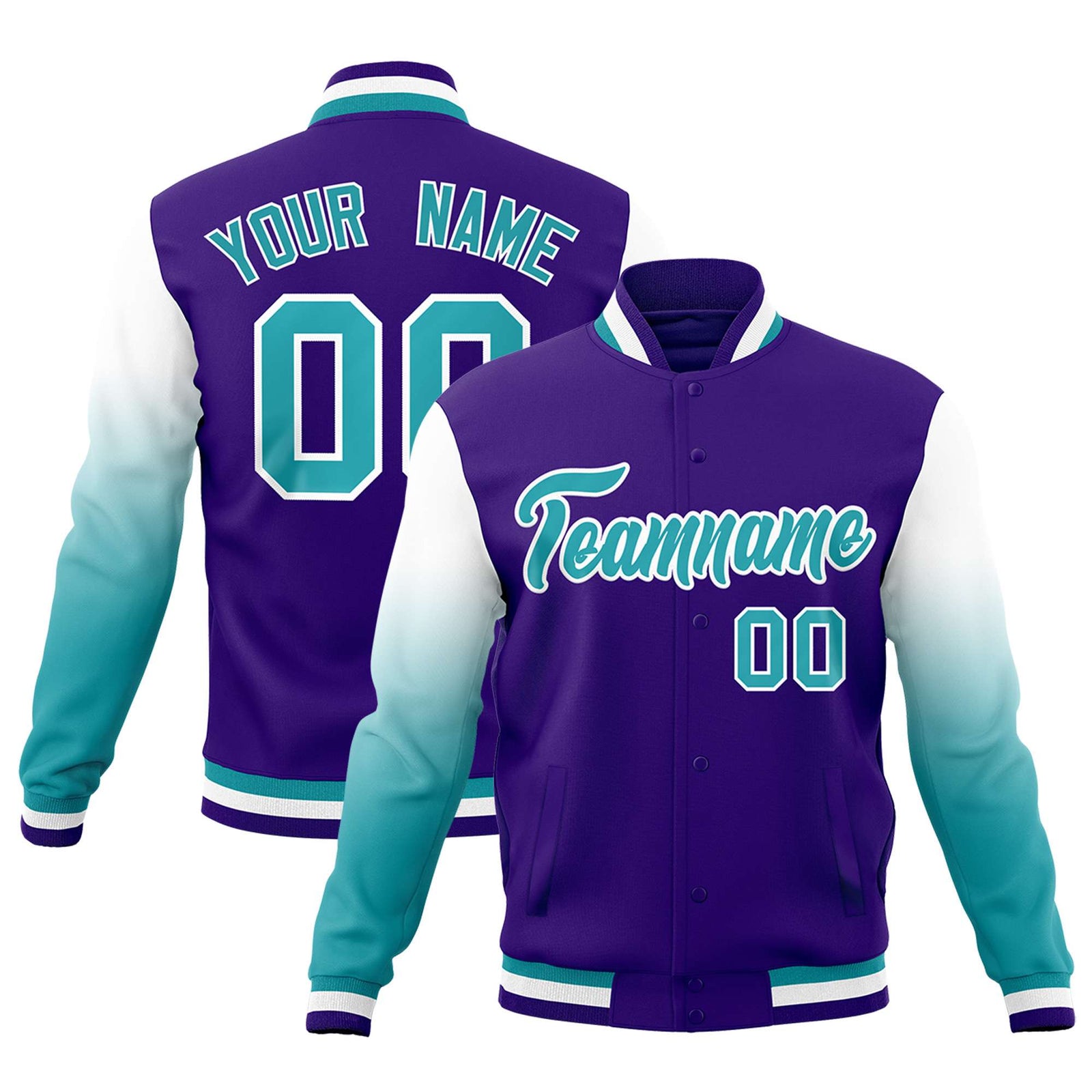 Custom Purple Aqua White Full-Snap Varsity Raglan Sleeves Gradient Letterman Jacket