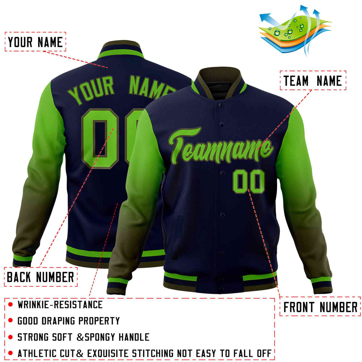 Custom Navy Green Olive Full-Snap Varsity Raglan Sleeves Gradient Letterman Jacket