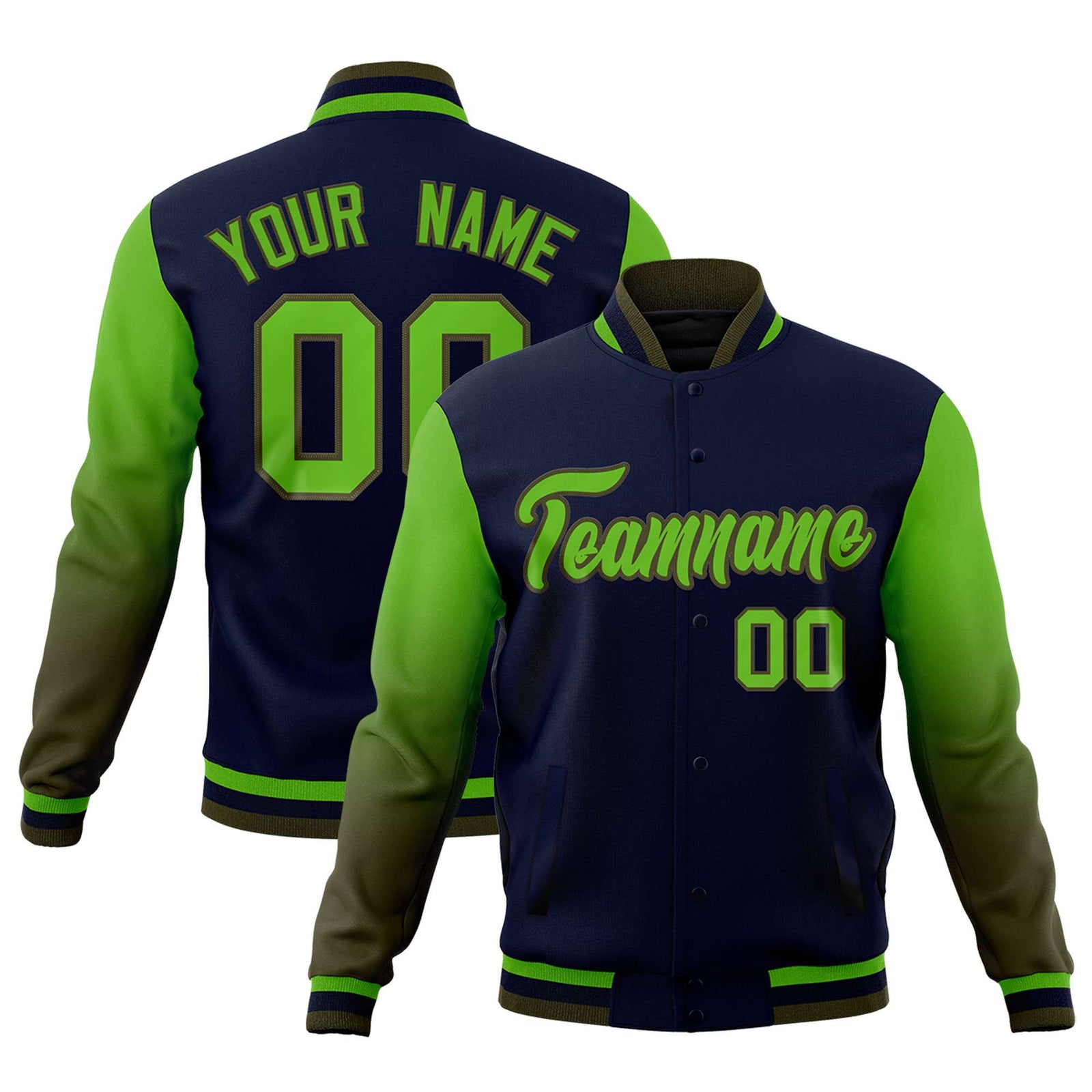 Custom Navy Green Olive Full-Snap Varsity Raglan Sleeves Gradient Letterman Jacket