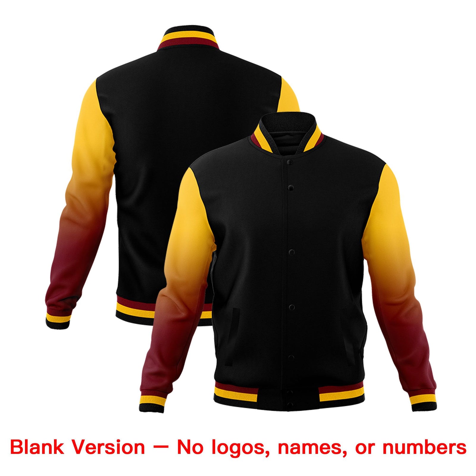 Custom Black Crimson Gold Full-Snap Varsity Raglan Sleeves Gradient Letterman Jacket