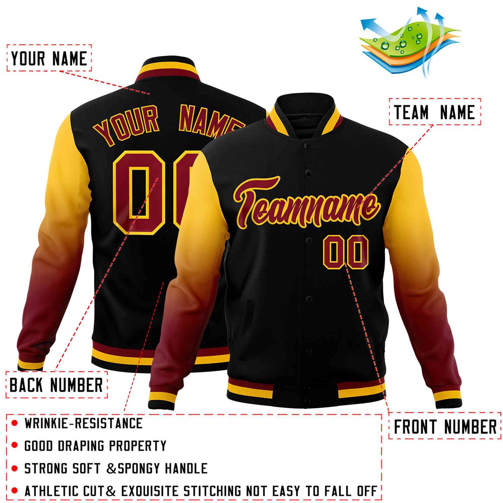 Custom Black Crimson Gold Full-Snap Varsity Raglan Sleeves Gradient Letterman Jacket