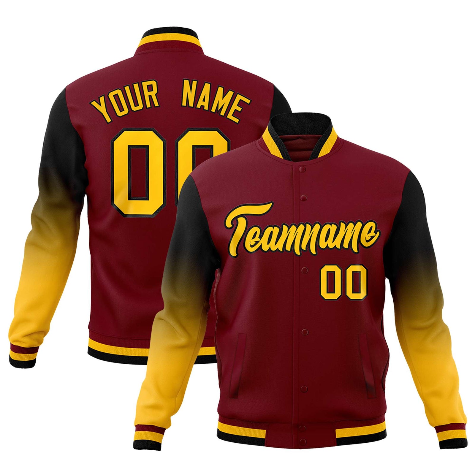Custom Crimson Gold Black Full-Snap Varsity Raglan Sleeves Gradient Letterman Jacket