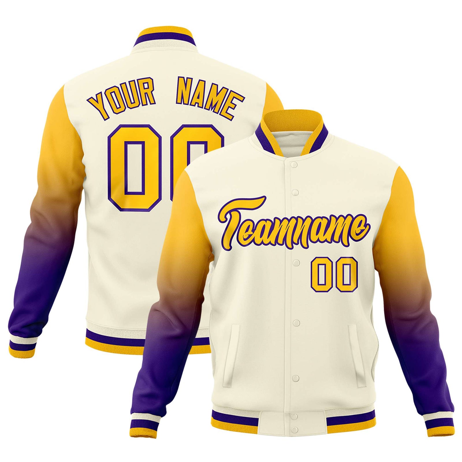 Custom Cream Gold Purple Full-Snap Varsity Raglan Sleeves Gradient Letterman Jacket