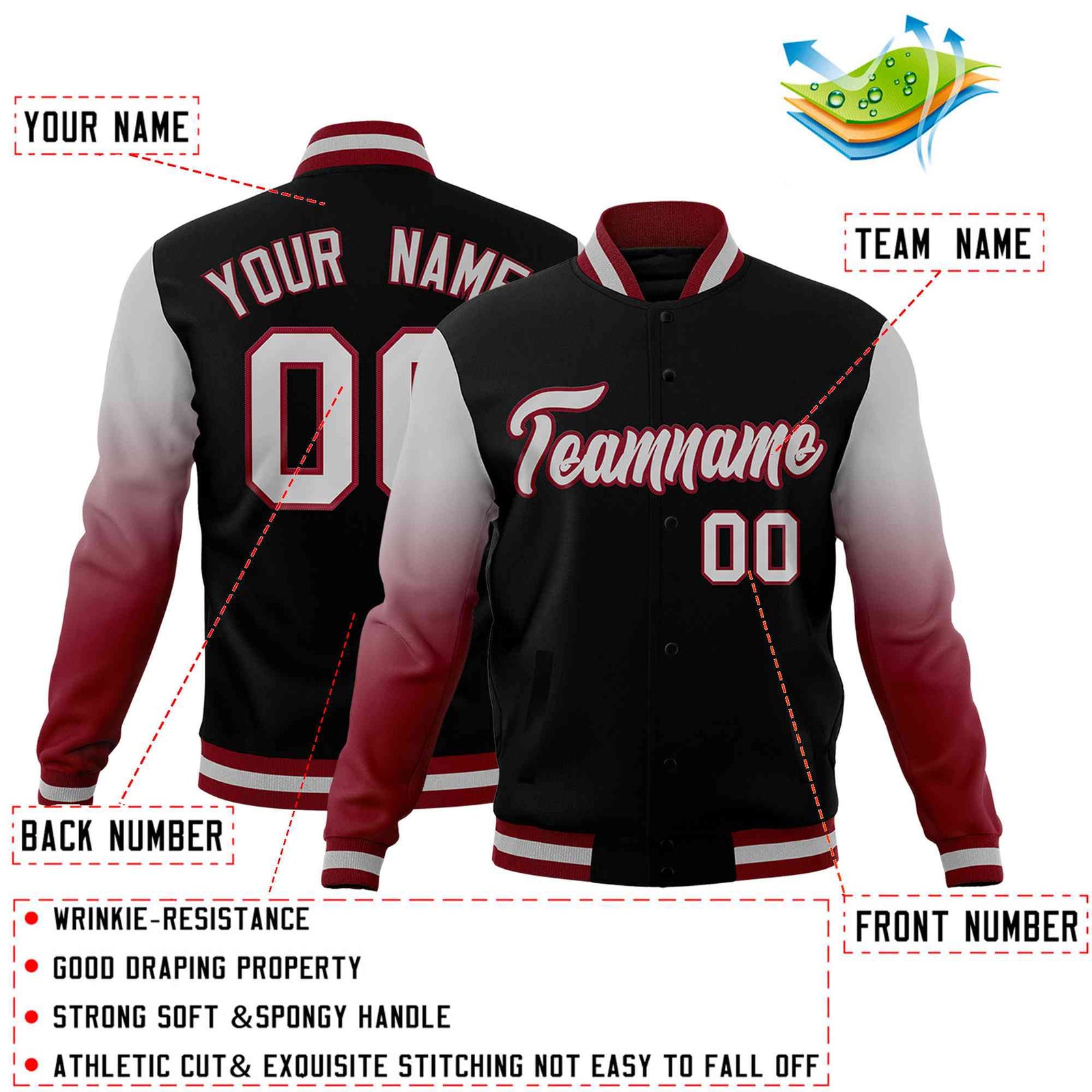 Custom Black Gray Crimson Full-Snap Varsity Raglan Sleeves Gradient Letterman Jacket