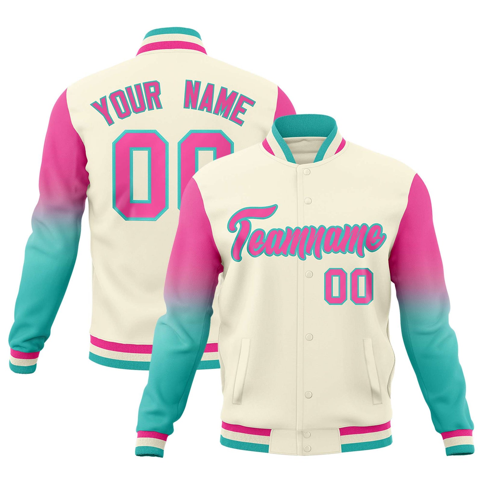 Custom Cream Pink Bright Green Full-Snap Varsity Raglan Sleeves Gradient Letterman Jacket