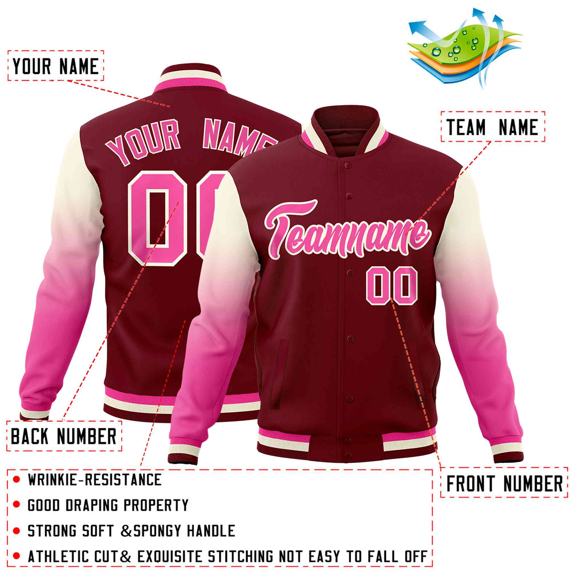 Custom Crimson Pink Cream Full-Snap Varsity Raglan Sleeves Gradient Letterman Jacket