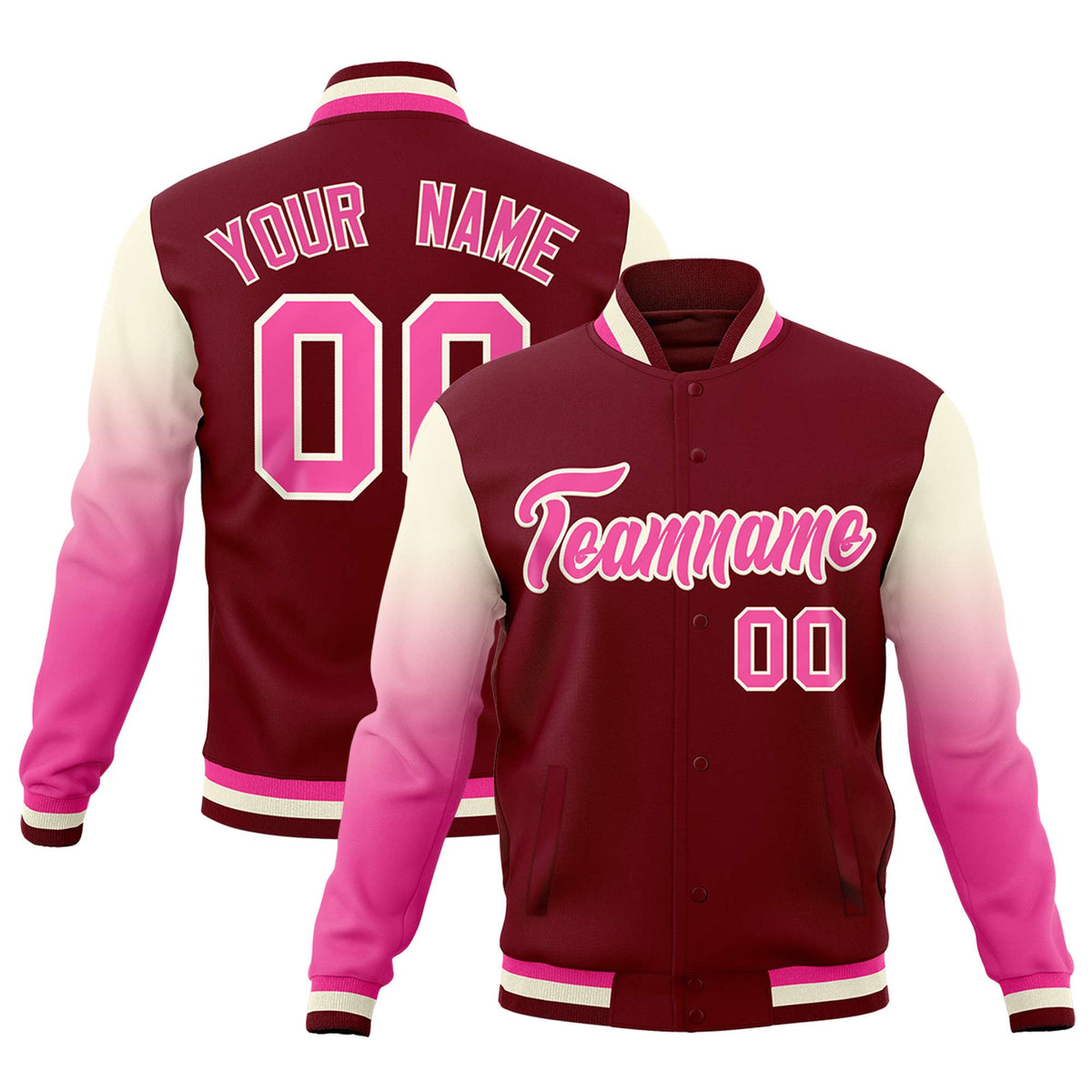 Custom Crimson Pink Cream Full-Snap Varsity Raglan Sleeves Gradient Letterman Jacket