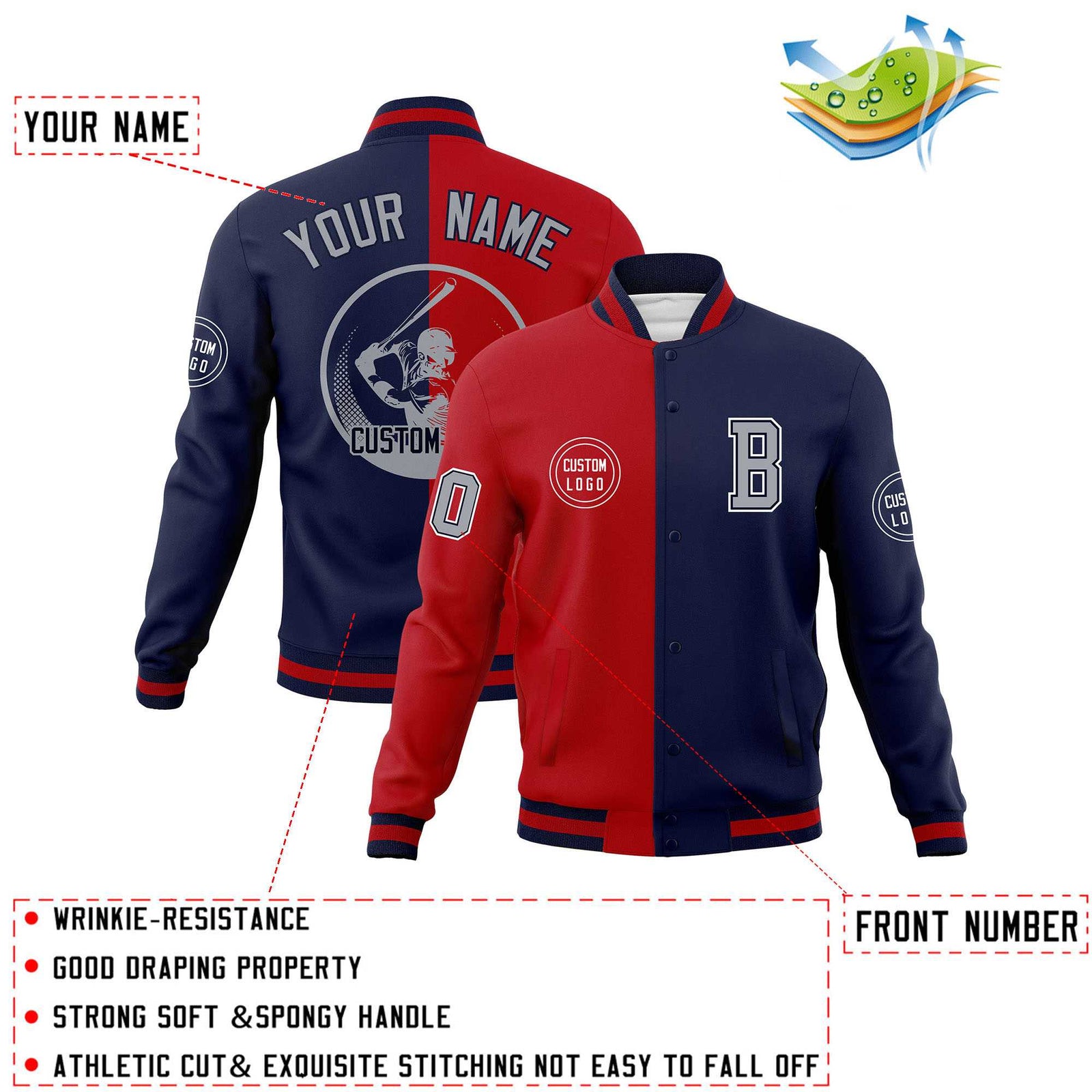Custom Red Navy Varsity Full-Snap Split Letterman Baseball Jacket