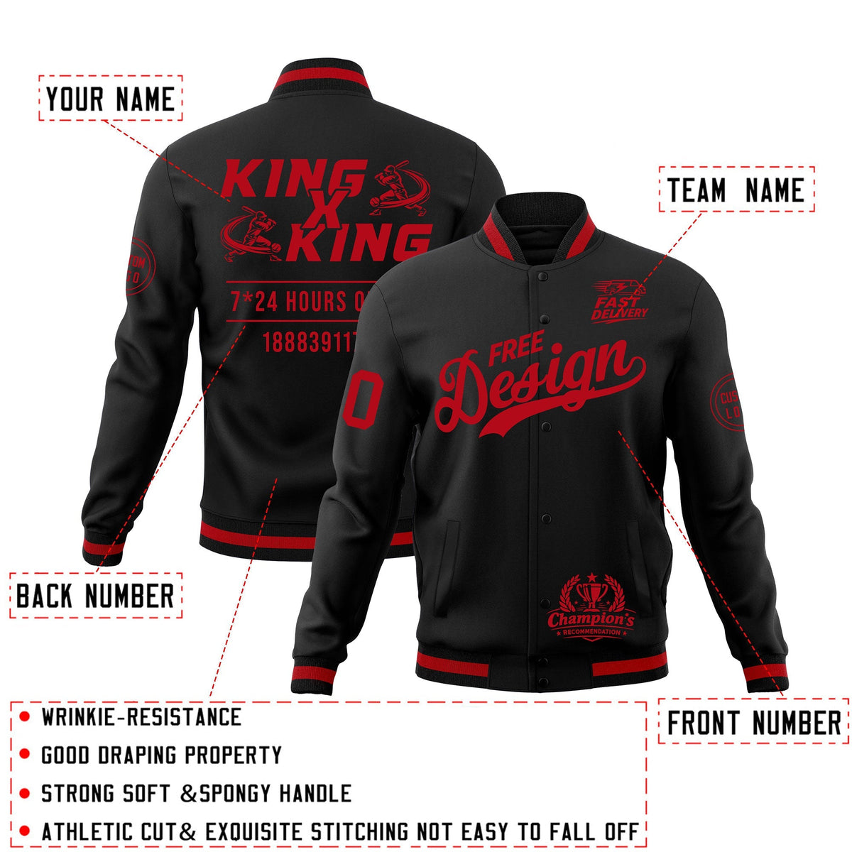 Custom Black Red Classic Style Full-Snap Wrinkle-Resistant Jacket| KXKSHOP