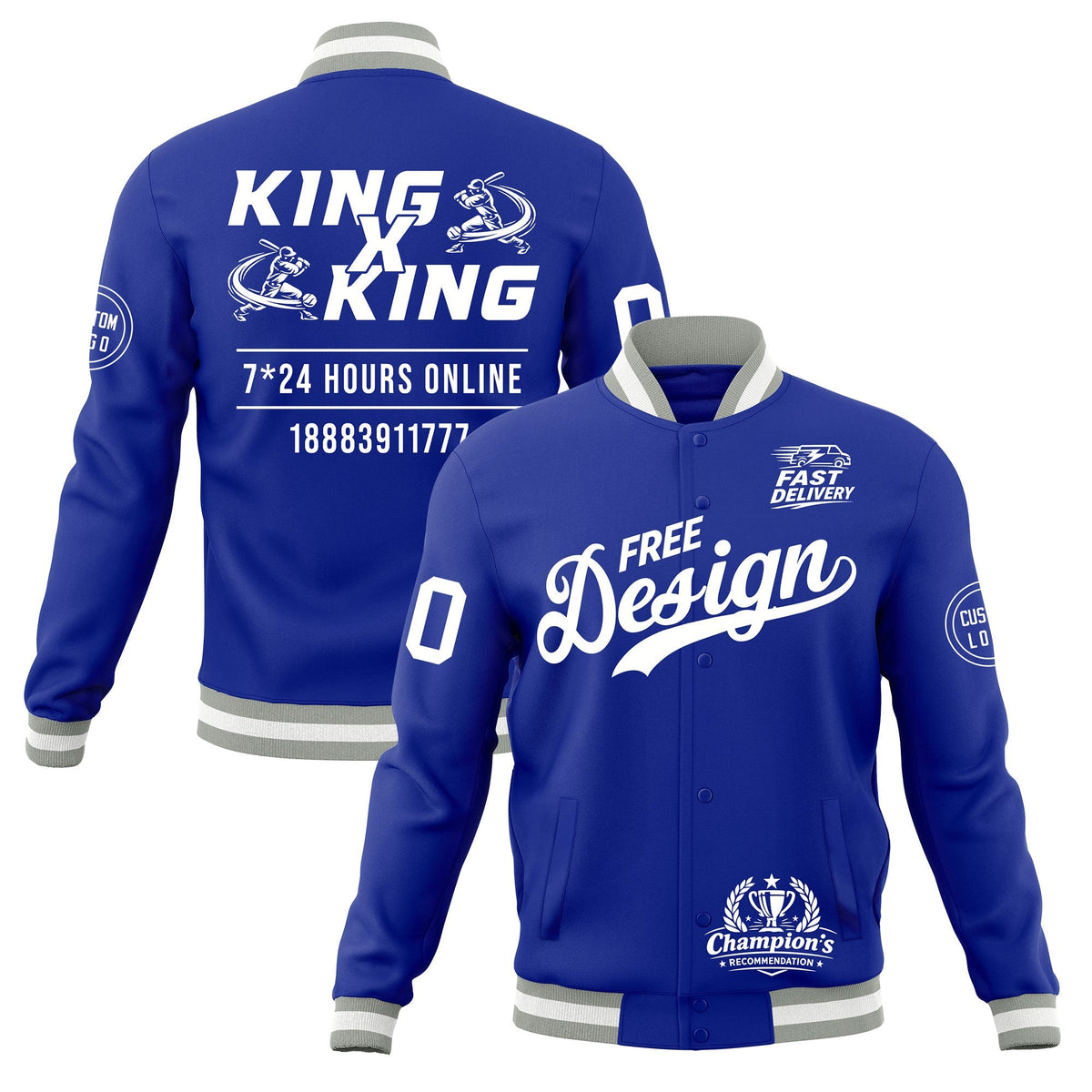 Custom Royal Blue Gray White Classic Style Full-Snap Wrinkle-Resistant Jacket| KXKSHOP