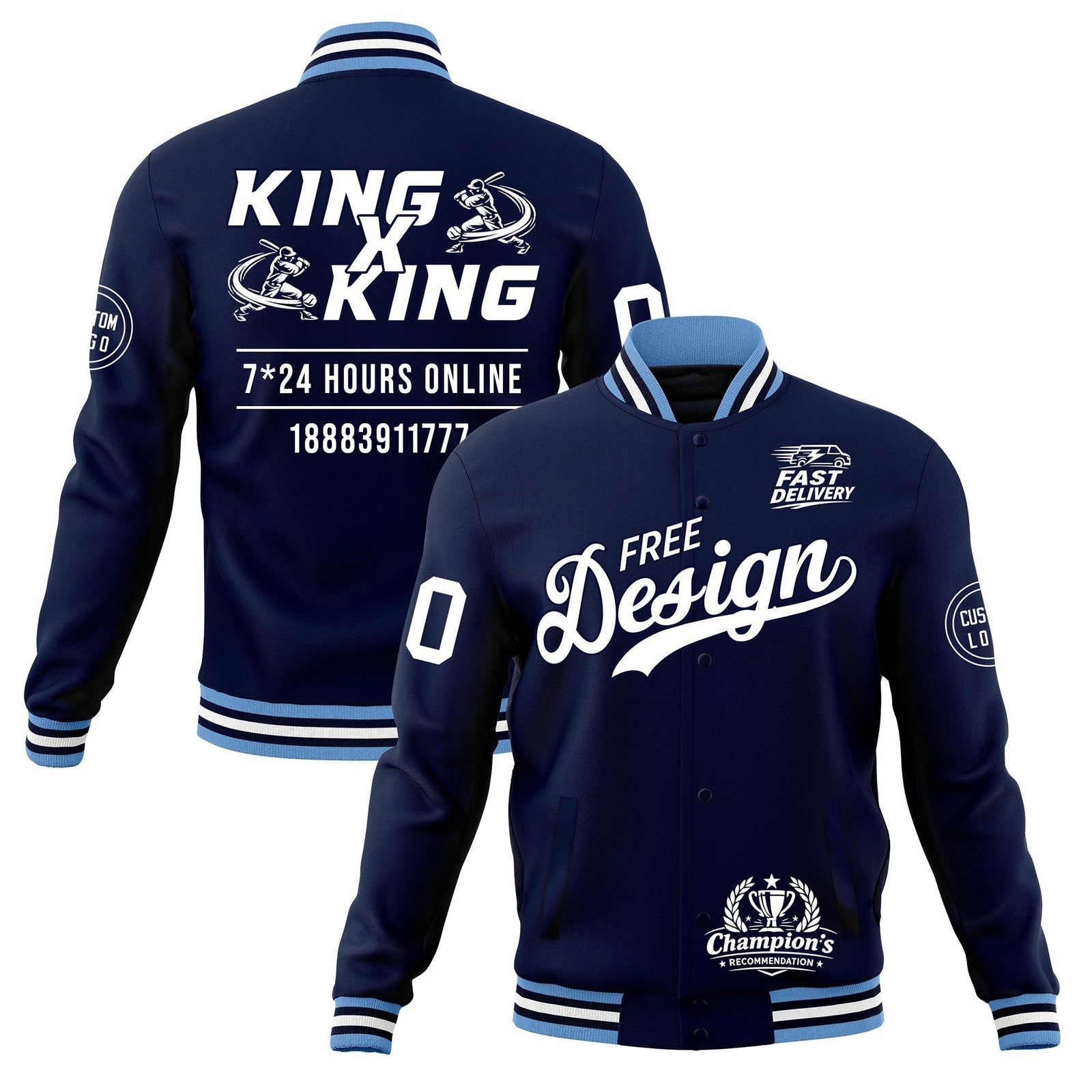 Custom Navy Light Blue White Classic Style Full-Snap Wrinkle-Resistant Jacket| KXKSHOP