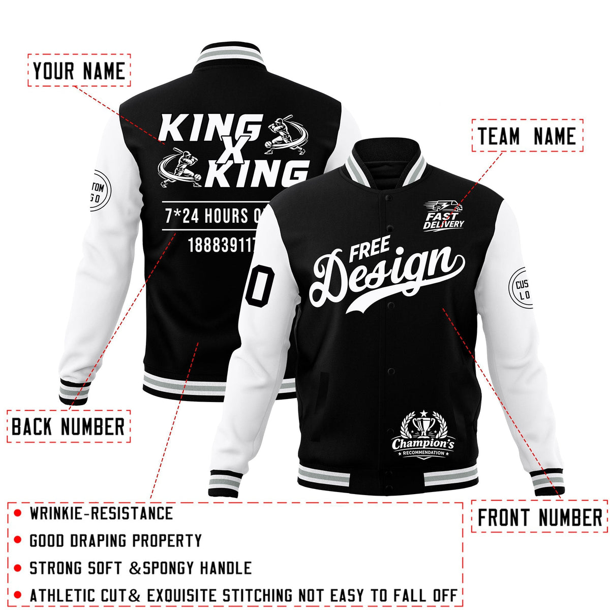 Custom Black White Gray Classic Style Full-Snap Wrinkle-Resistant Jacket| KXKSHOP