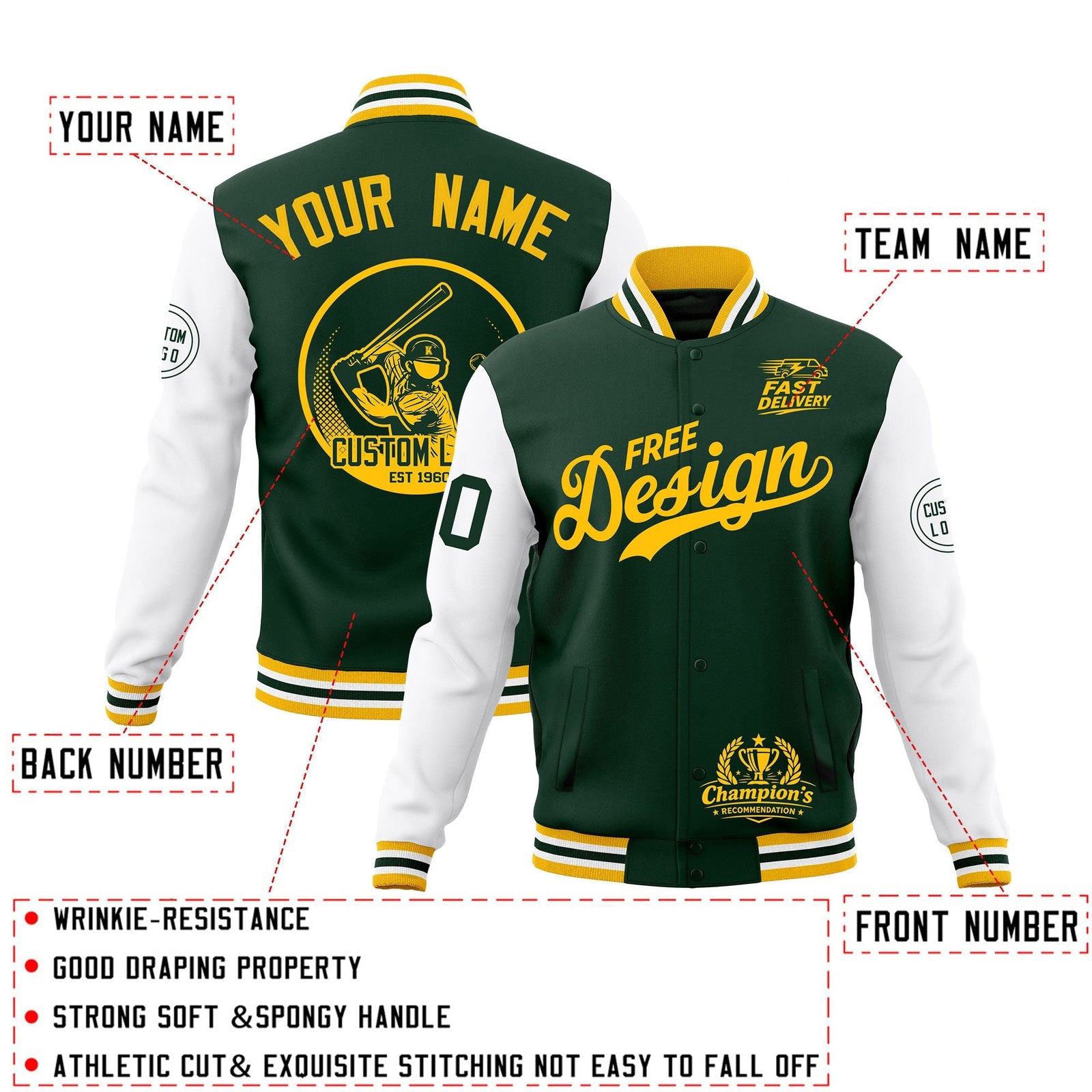 Custom Green Gold White Classic Style Full-Snap Breathable Jacket| KXKSHOP