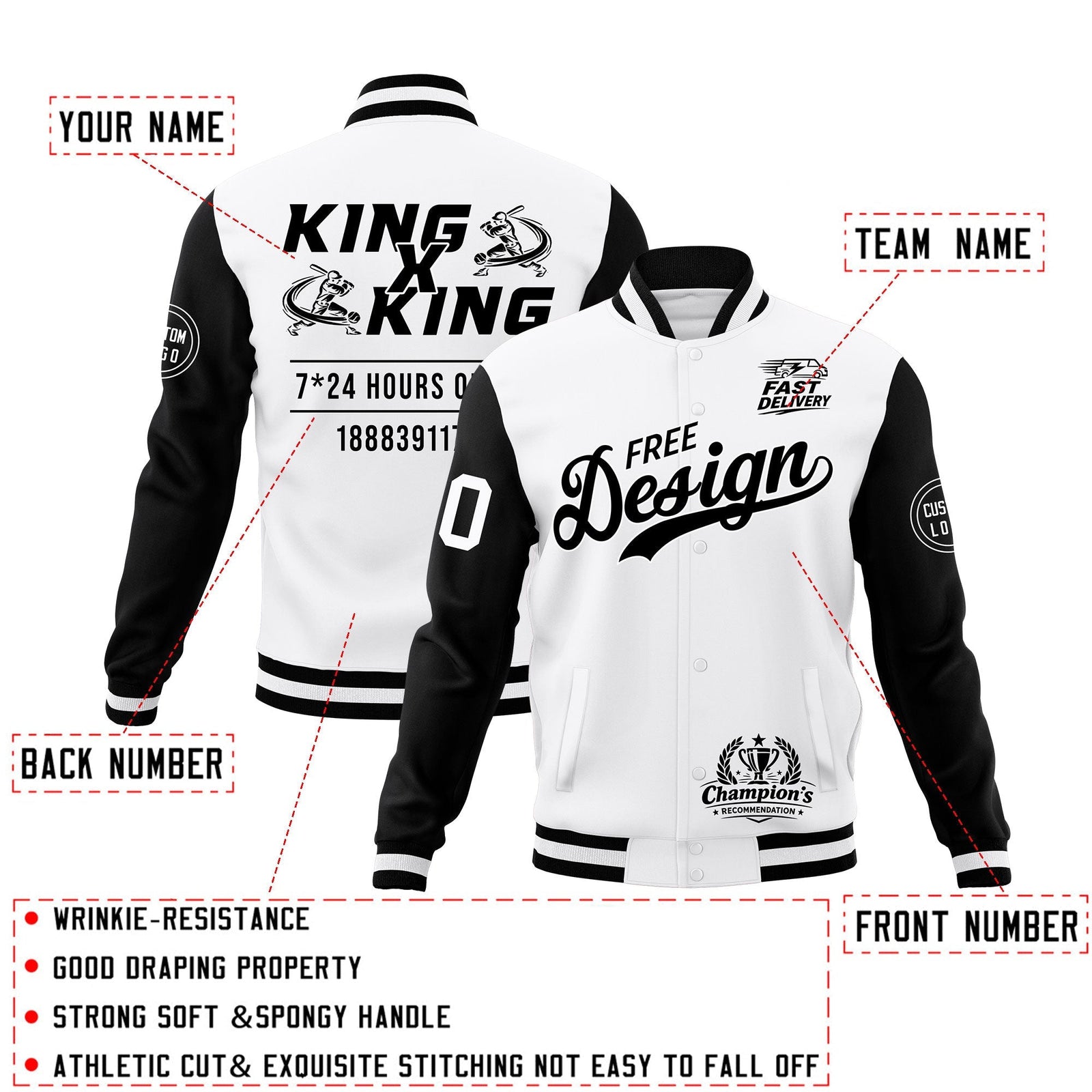 Custom White Black Classic Style Full-Snap Wrinkle-Resistant Jacket| KXKSHOP