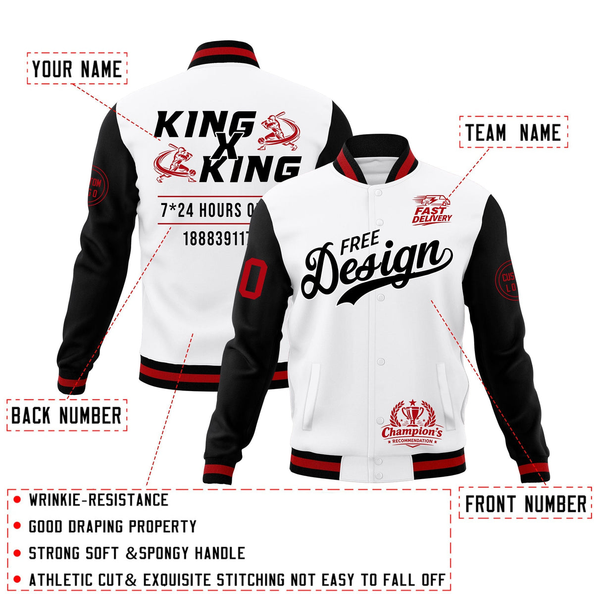 Custom White Black Red Classic Style Full-Snap Wrinkle-Resistant Jacket| KXKSHOP