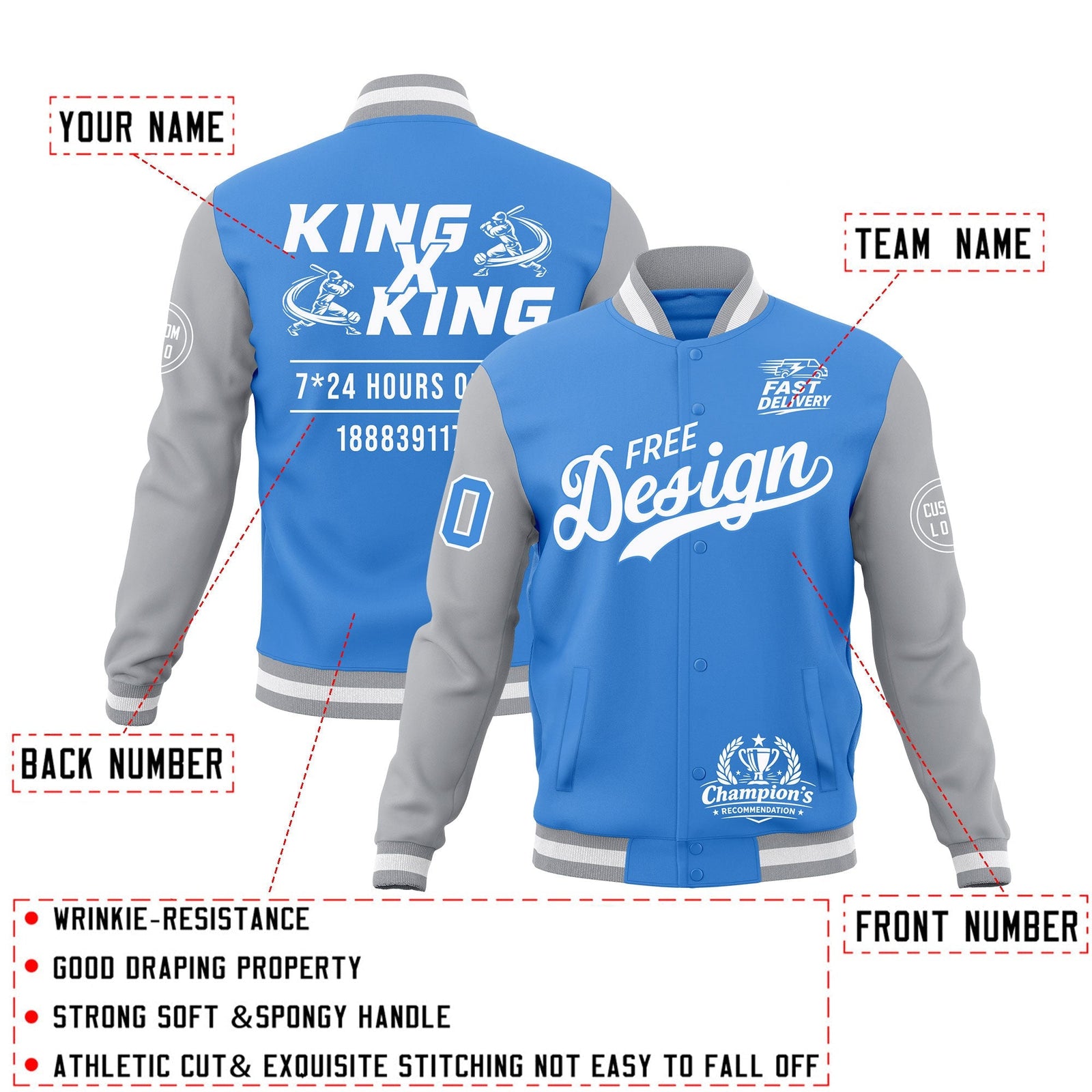 Custom Powder Blue Gray White Classic Style Full-Snap Wrinkle-Resistant Jacket| KXKSHOP