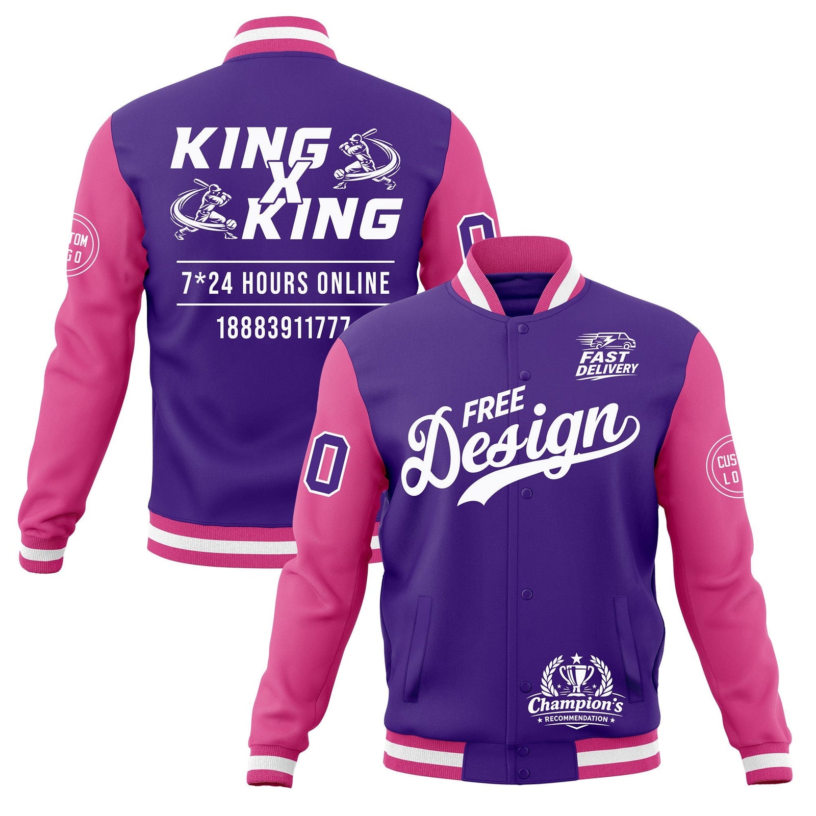 Custom Purple Pink White Classic Style Full-Snap Wrinkle-Resistant Jacket| KXKSHOP
