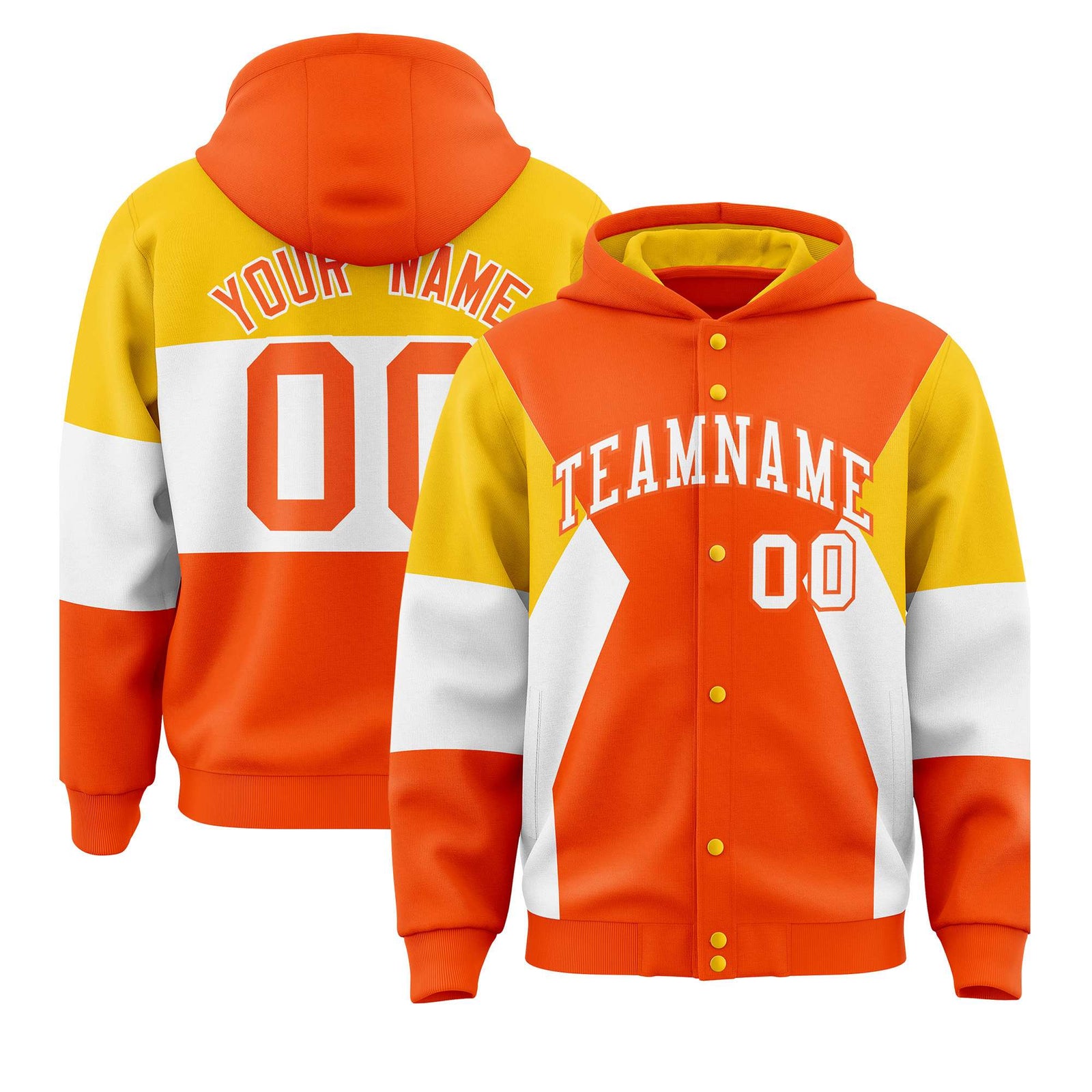 Custom Orange Gold-White Color Block Varsity Full-Snap Letterman Hoodie Jacket