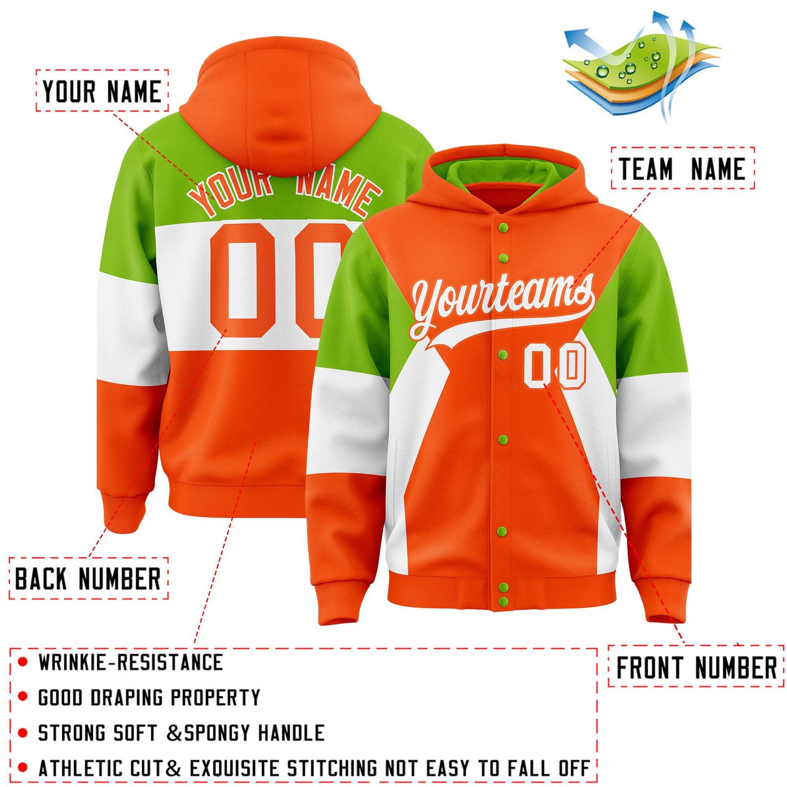 Custom Orange Neon Green-White Color Block Varsity Full-Snap Letterman Hoodie Jacket