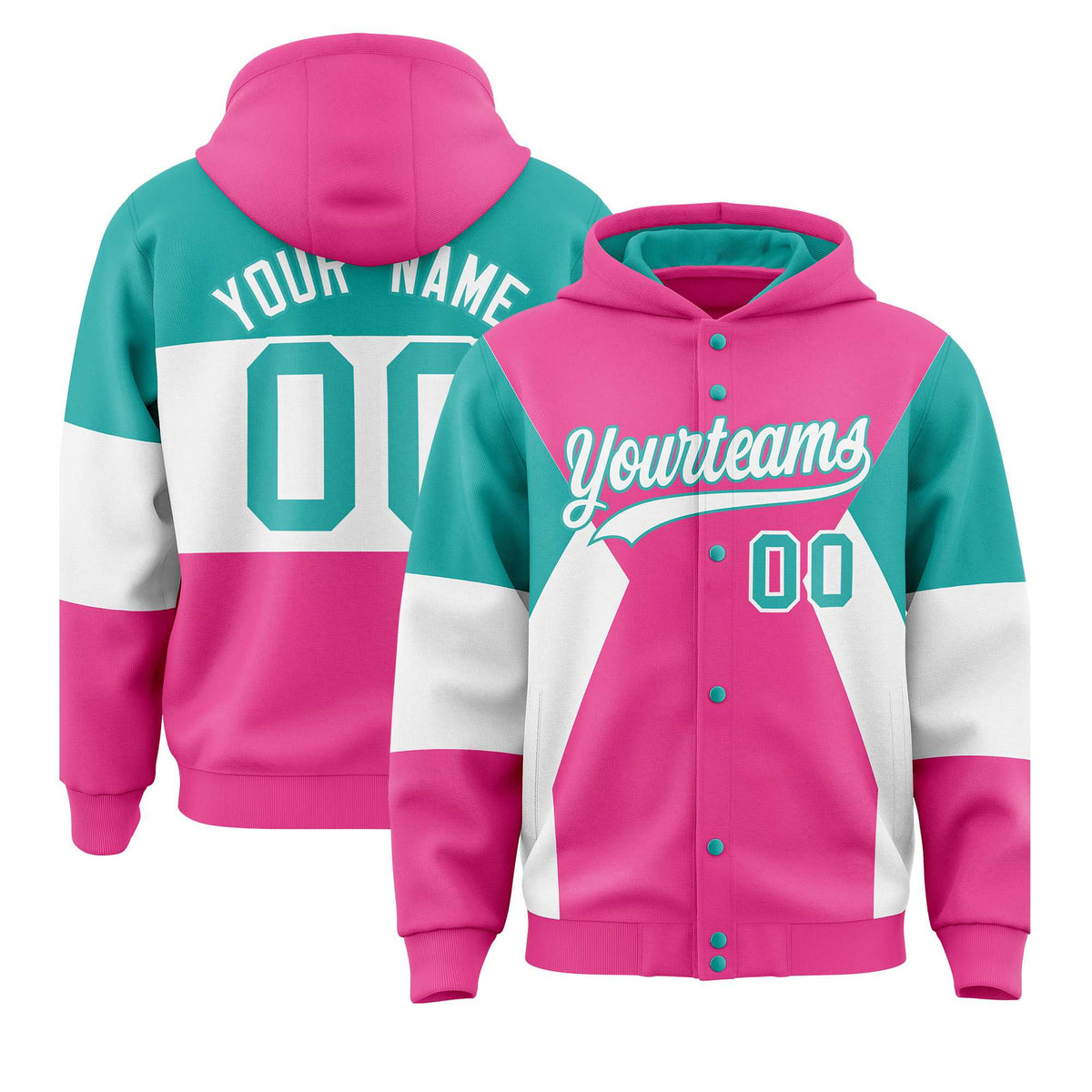 Custom Pink Aqua-White Color Block Varsity Full-Snap Letterman Hoodie Jacket