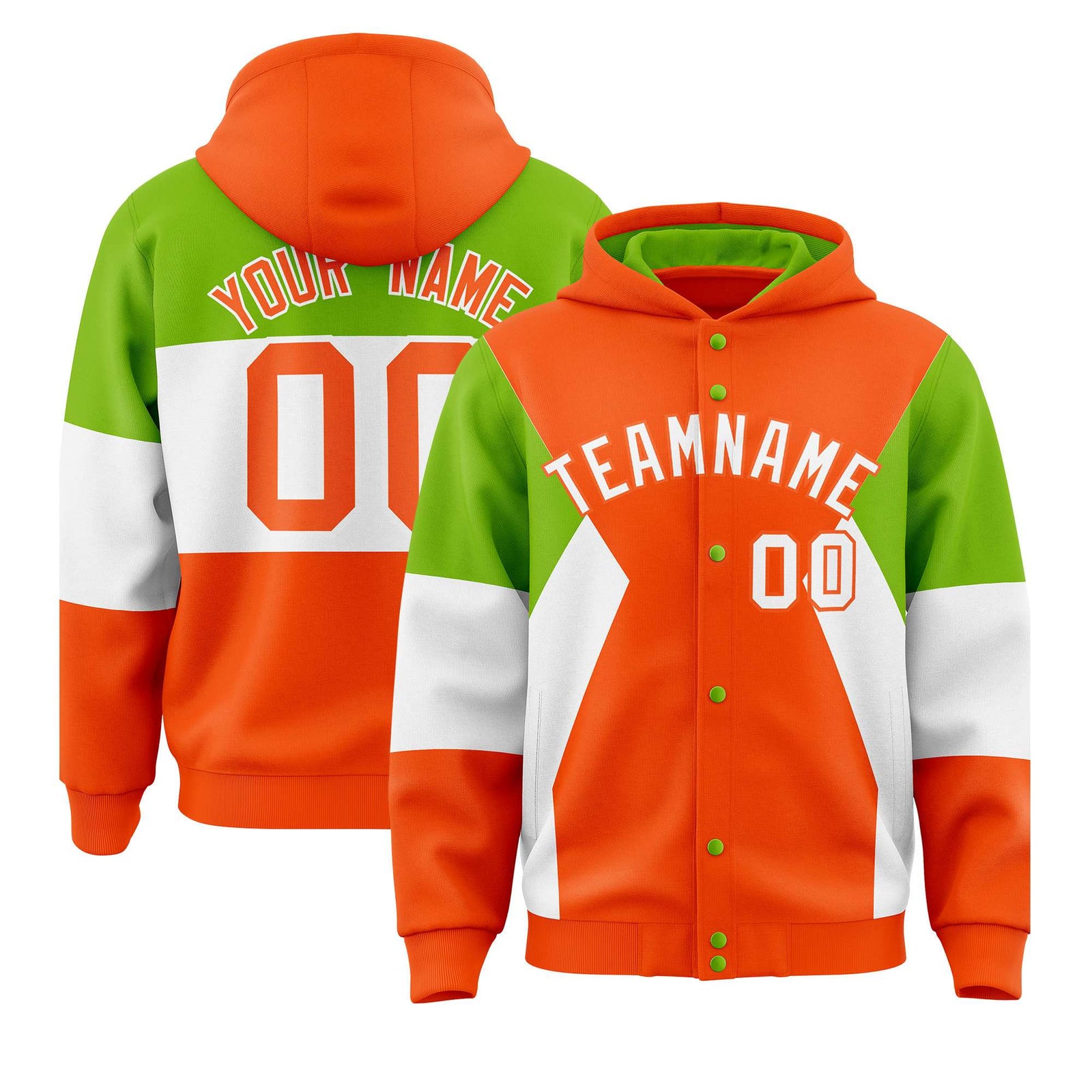 Custom Orange Neon Green-White Color Block Varsity Full-Snap Letterman Hoodie Jacket