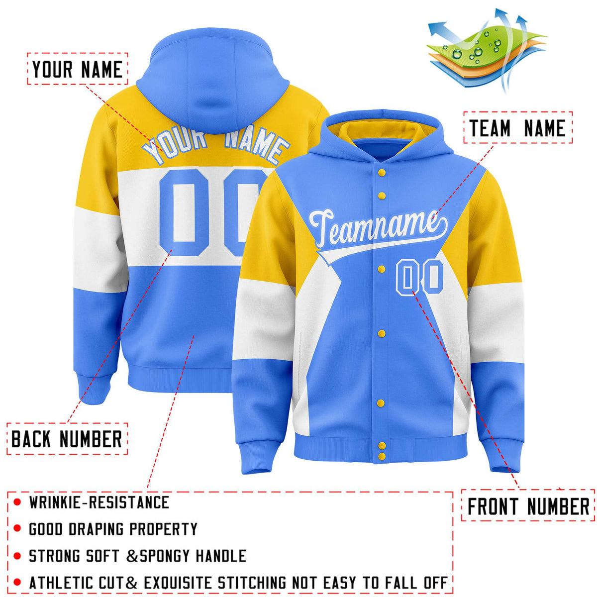 Fans-Made | Custom Powder Blue Gold-White Color Block Varsity Full-Snap Letterman Jacket Hoodie