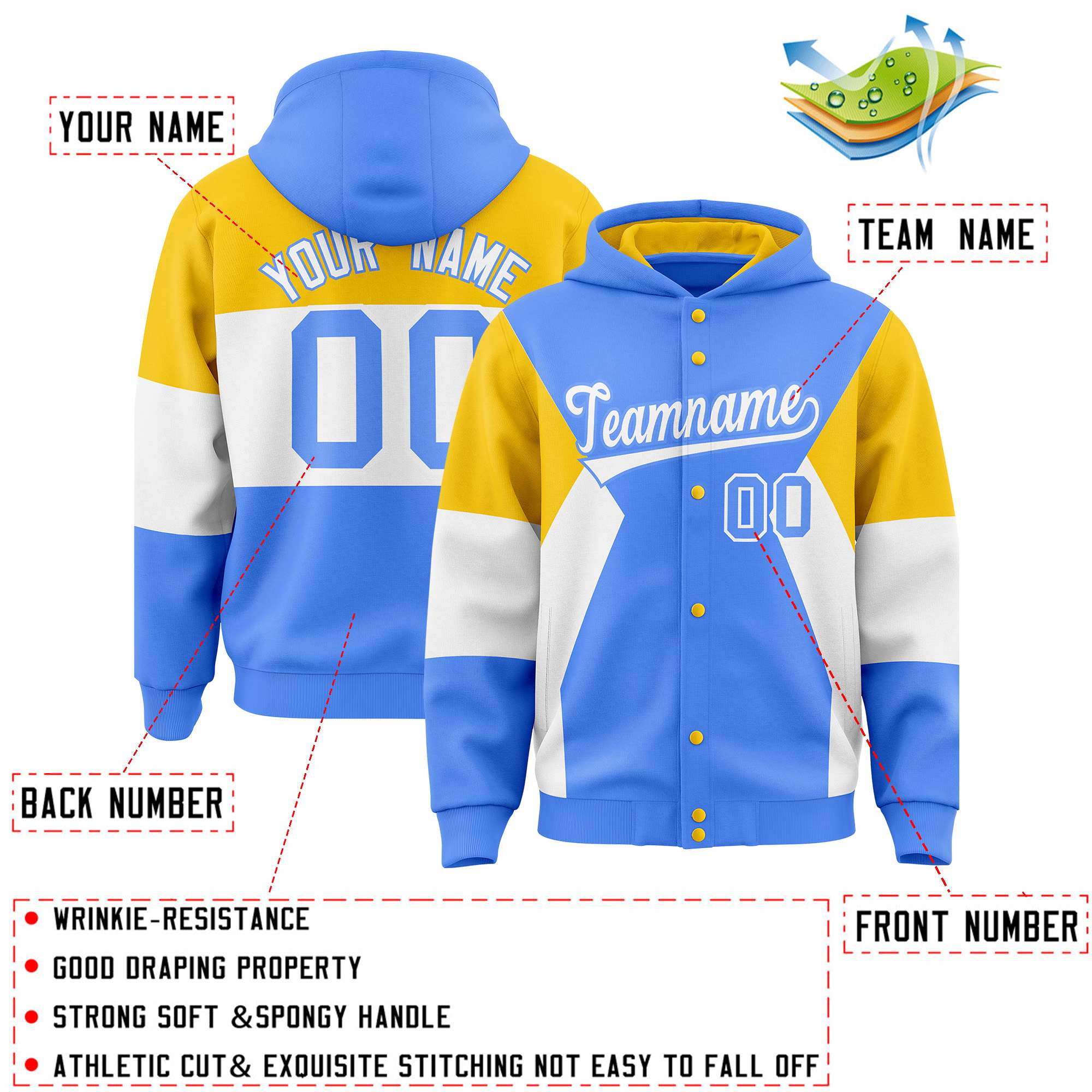 Fans-Made | Custom Powder Blue Gold-White Color Block Varsity Full-Snap Letterman Jacket Hoodie