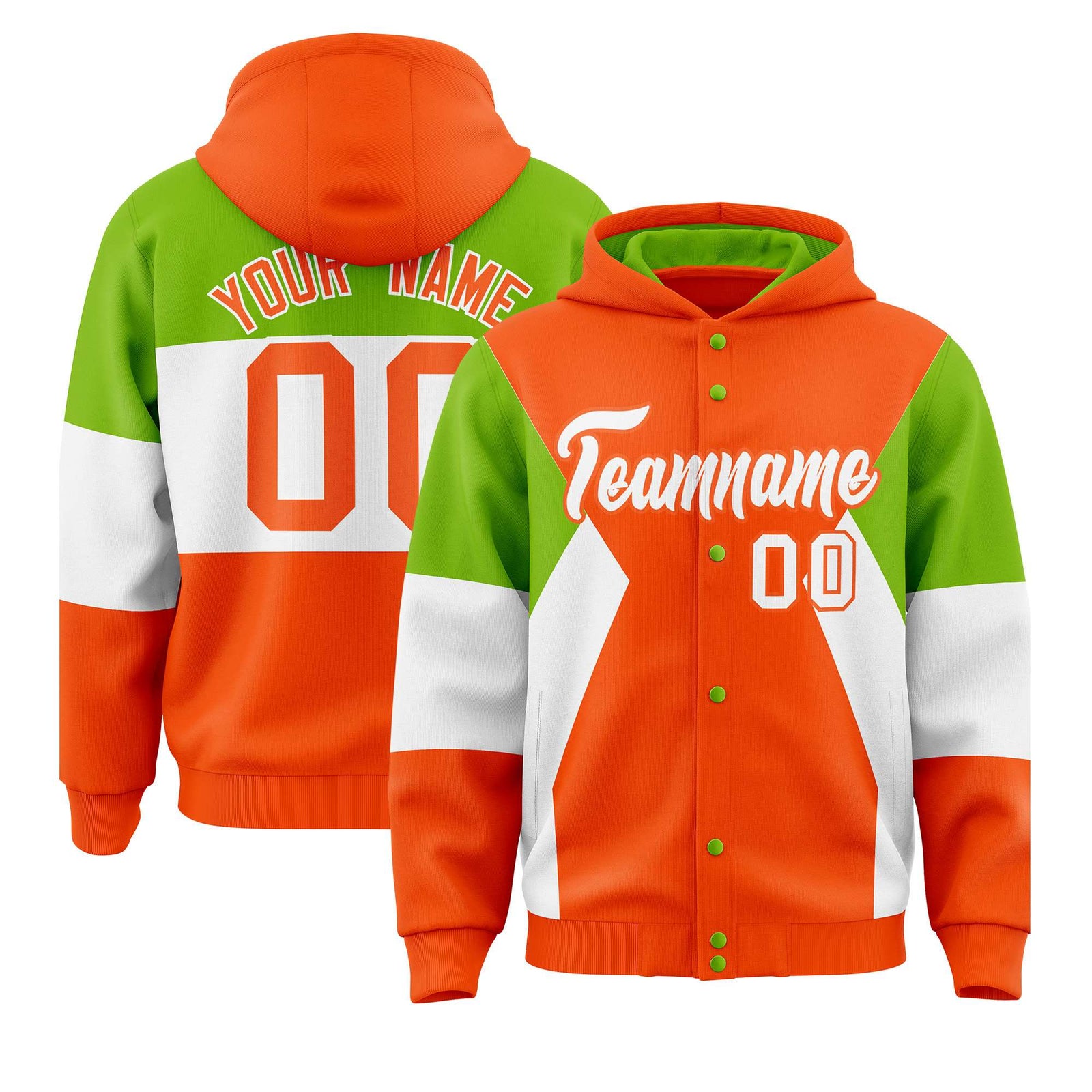 Custom Orange Neon Green-White Color Block Varsity Full-Snap Letterman Hoodie Jacket